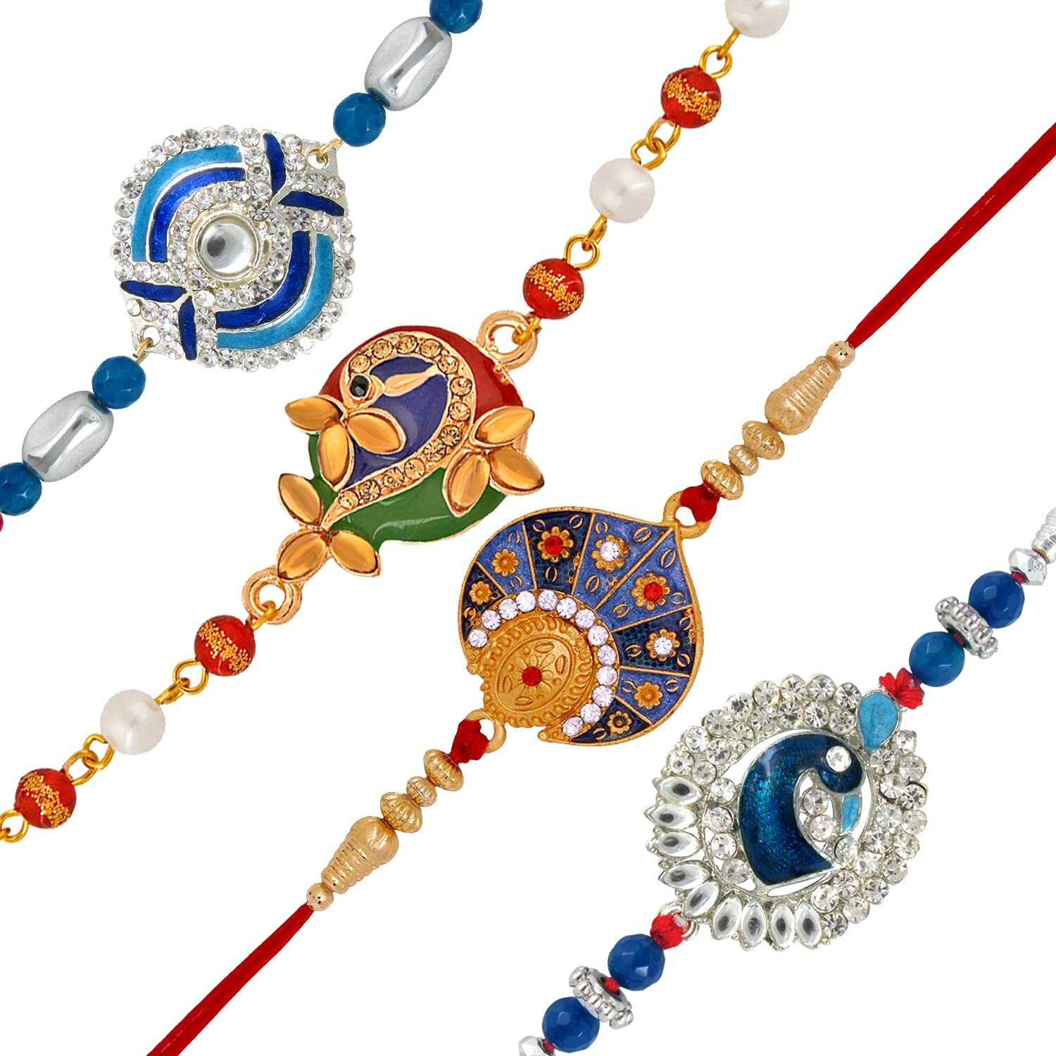 Mahi Combo Of Four Designer Rakhis With Meenakari Work Crystals And Artificial Beads For Bhai (Rco1105241M)
