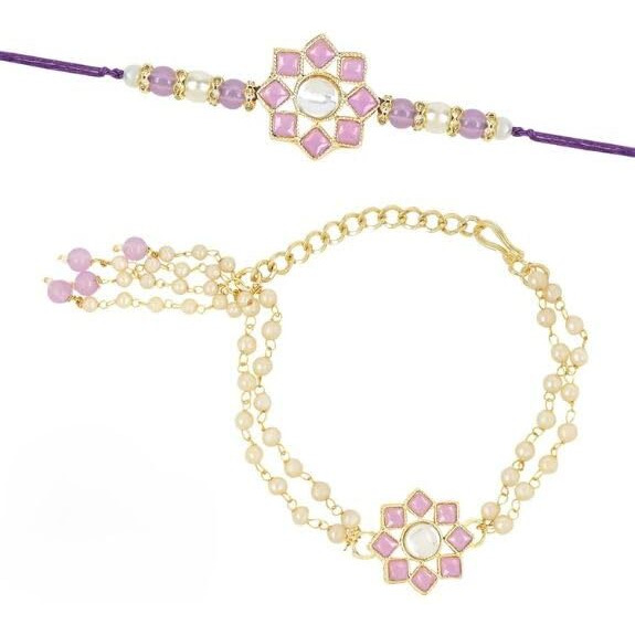 I Jewels Designer Kundan & Pearl Hanging Bhaiya Bhabhi Lumba Rakhi Combo Set For Rakshabandhan (R108Pu-Co)For Unisex Adult