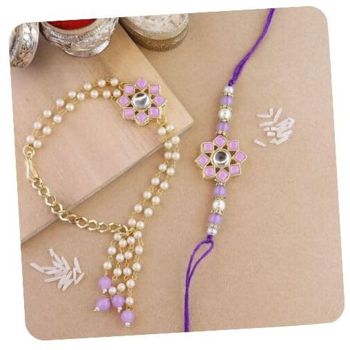 I Jewels Designer Kundan & Pearl Hanging Bhaiya Bhabhi Lumba Rakhi Combo Set For Rakshabandhan (R108Pu-Co)For Unisex Adult