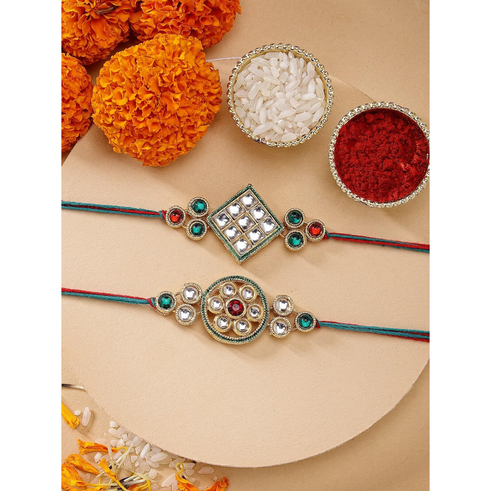 Sukkhi Rakhi Iconic Designer Kundan Meenakari Red Green Gold Plated Premium Rakhi For Brother With Roli Chawal & Greeting Card|Rakhi For Brother/Bhaiya/Bhai/Men|Rakhi Combo-Set Of 2|Cbrak106957