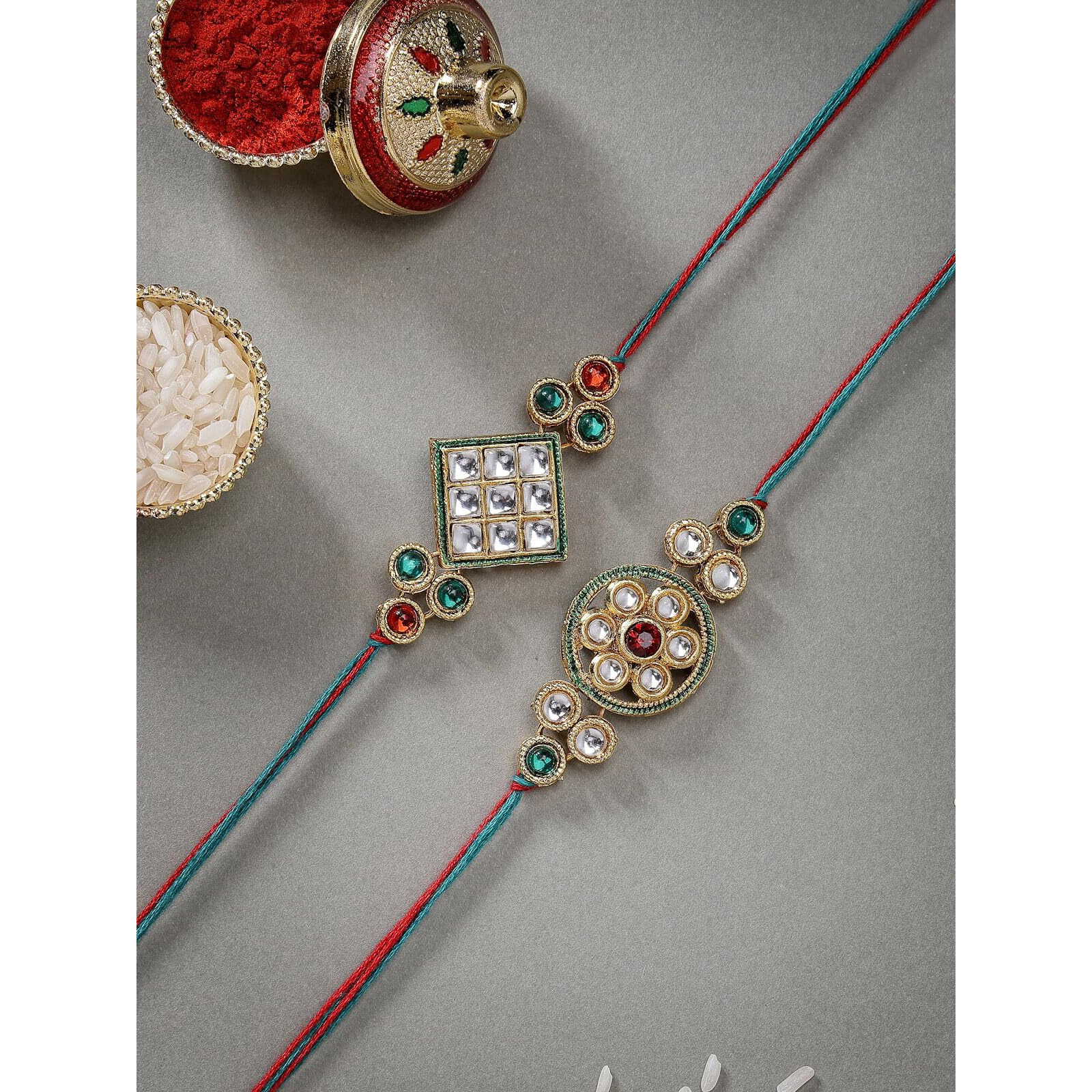 Sukkhi Rakhi Iconic Designer Kundan Meenakari Red Green Gold Plated Premium Rakhi For Brother With Roli Chawal & Greeting Card|Rakhi For Brother/Bhaiya/Bhai/Men|Rakhi Combo-Set Of 2|Cbrak106957