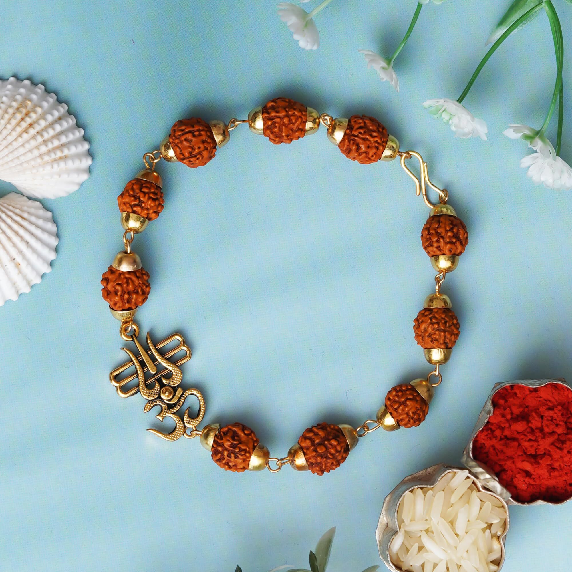 Ecraftindia Om Trishul Rudraksha Bracelet Rakhi For Men For Brother With Roli Chawal Pack
