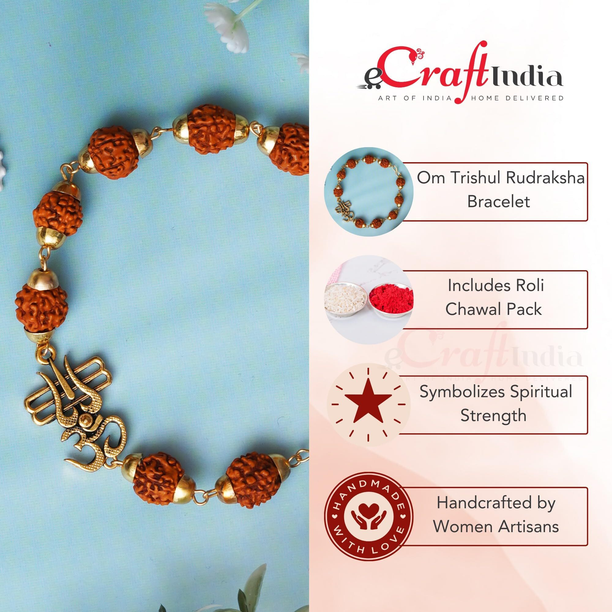 Ecraftindia Om Trishul Rudraksha Bracelet Rakhi For Men For Brother With Roli Chawal Pack