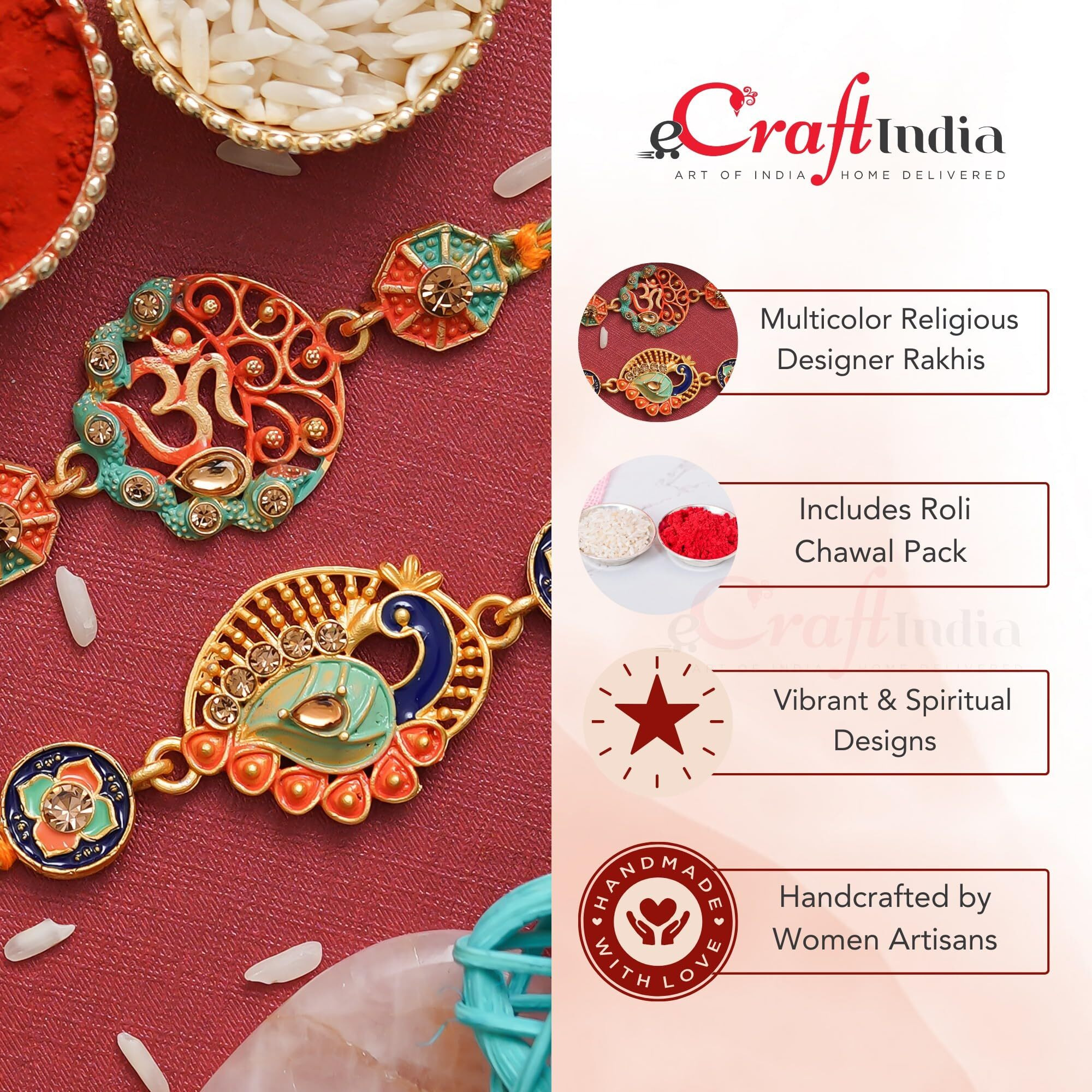 Ecraftindia Multicolor Set Of 2 Religious Om Symbol And Peacock Designer Rakhis With Roli Chawal Pack - Rakhis For Brothers