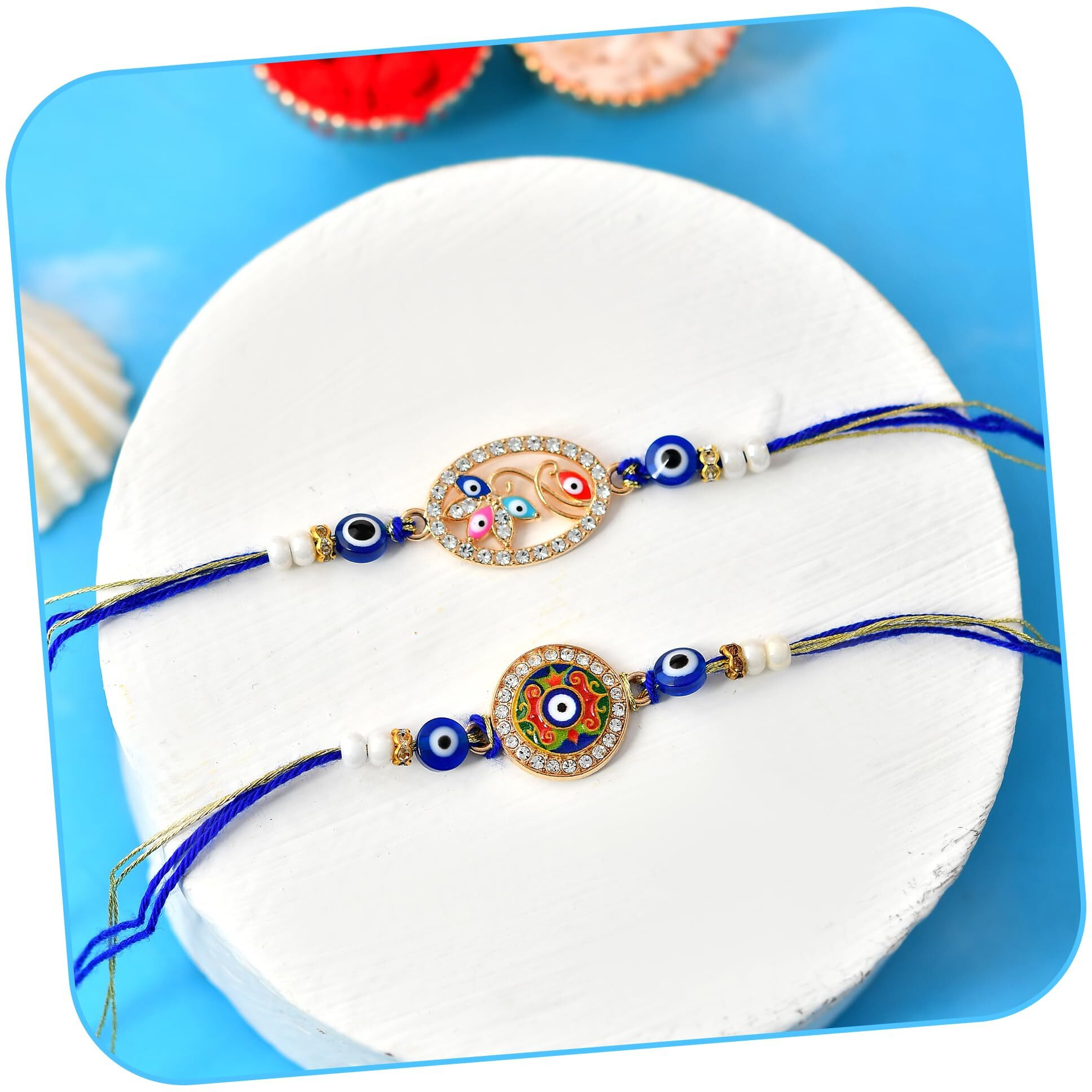Craftvatika Evil Eye Rakhi Set For Brother Boy Men, Evil Eye Rakhi Set Of 2 For Brother, Rakshabandhan Rakhis, Designer Evil Eye Bracelet, Rakshasutra For Bhaiya Men With Best Wishes Card Tilak Set