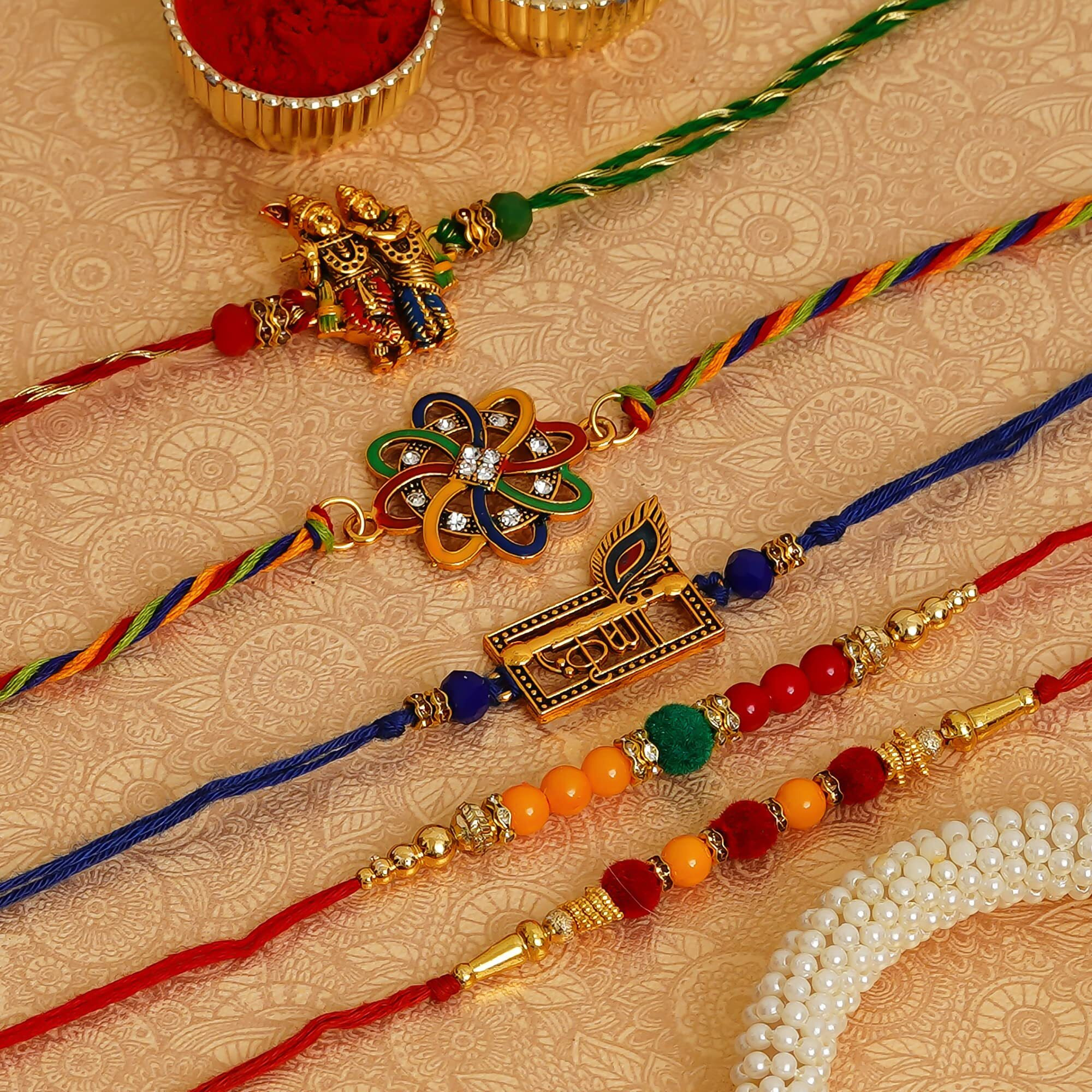 Ecraftindia Set Of 5 Rakhi Combo Hamper | Colorful Radha Krishna Peacock Feather Flower Pearl Designer Rakhis | Roli Chawal Pack | Raksha Bandhan Rakhi For Brother Bhaiya Bhai