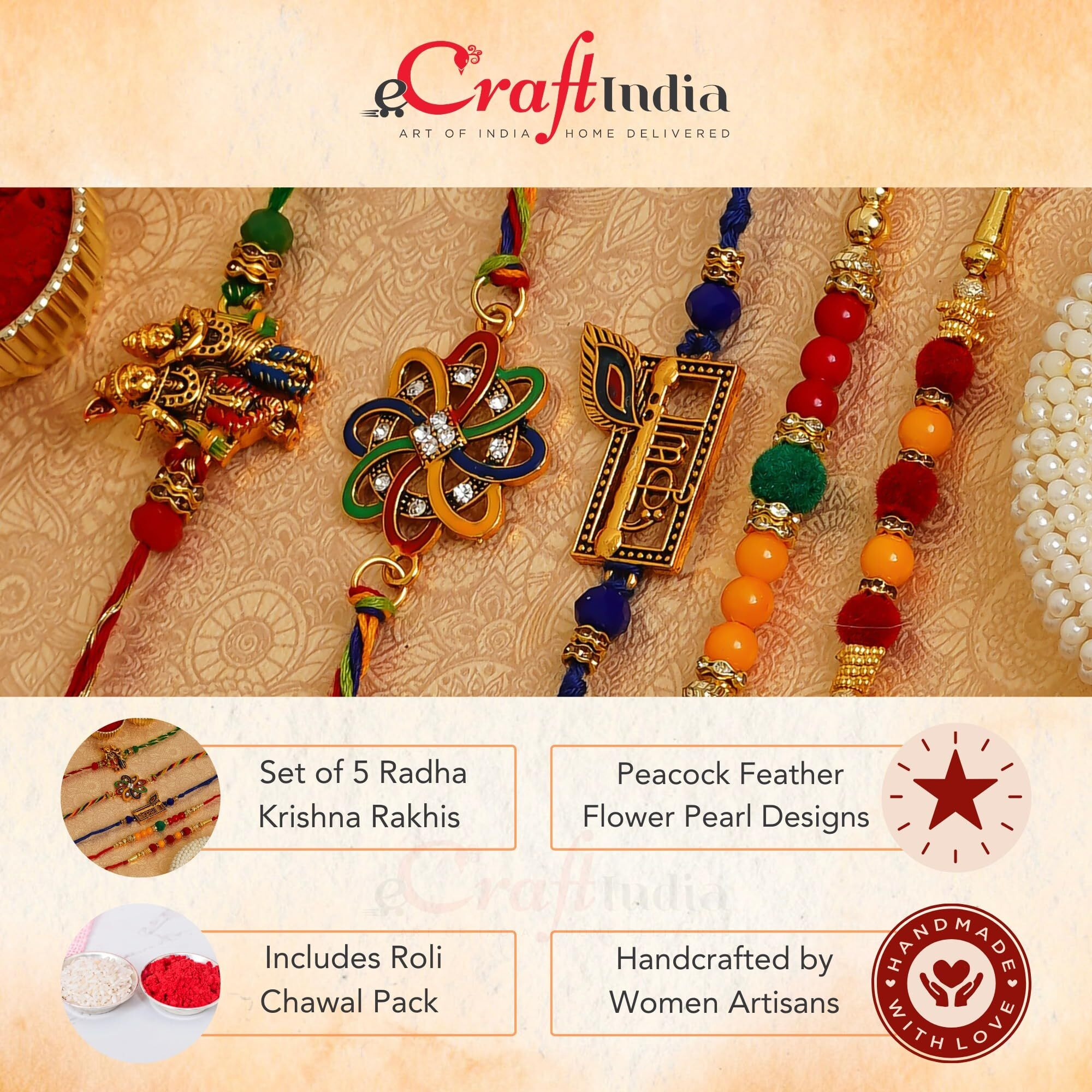 Ecraftindia Set Of 5 Rakhi Combo Hamper | Colorful Radha Krishna Peacock Feather Flower Pearl Designer Rakhis | Roli Chawal Pack | Raksha Bandhan Rakhi For Brother Bhaiya Bhai