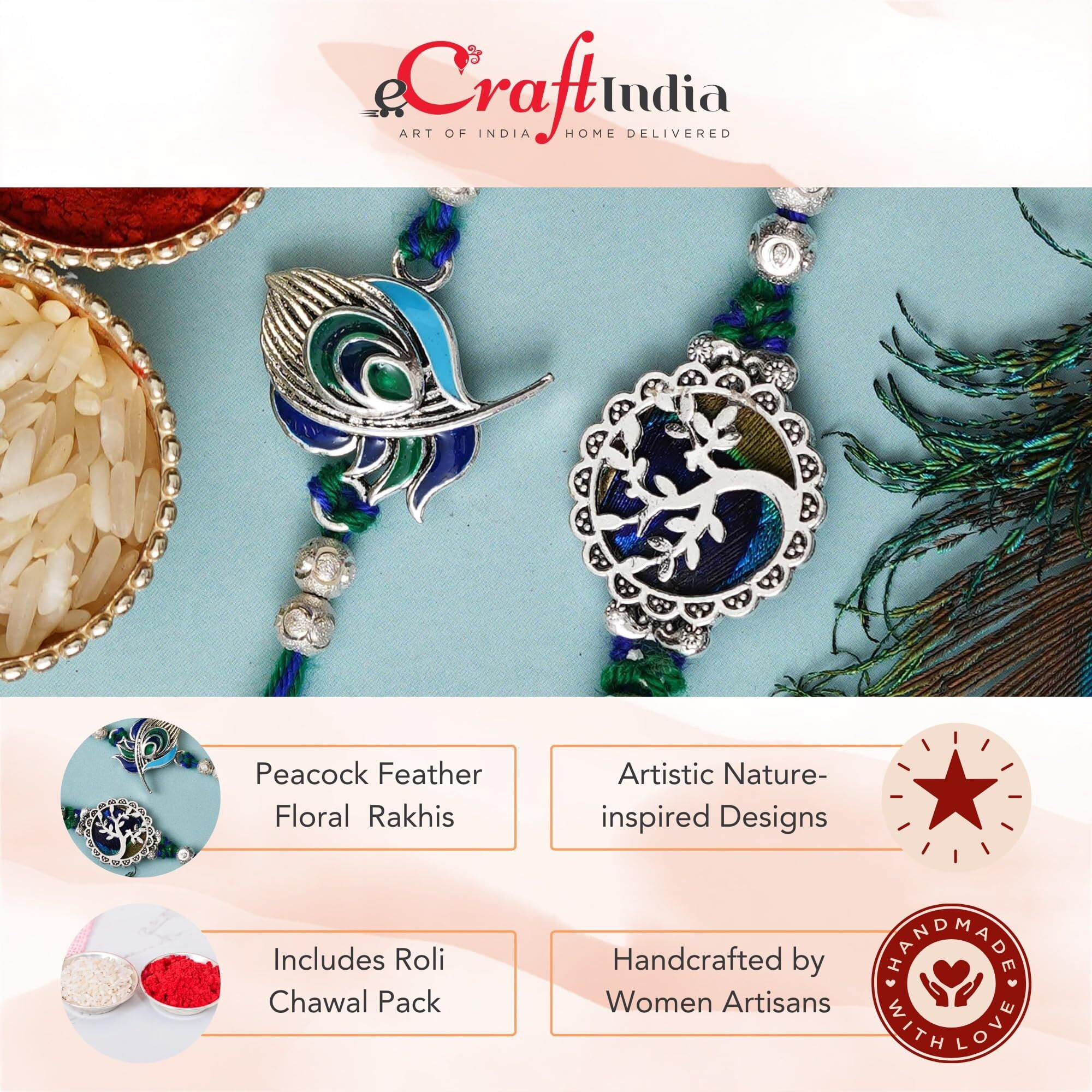 Ecraftindia Unisex Adult Set Of 2 Peacock Feather And Floral Designer Rakhis For Brothers With Roli Chawal Pack