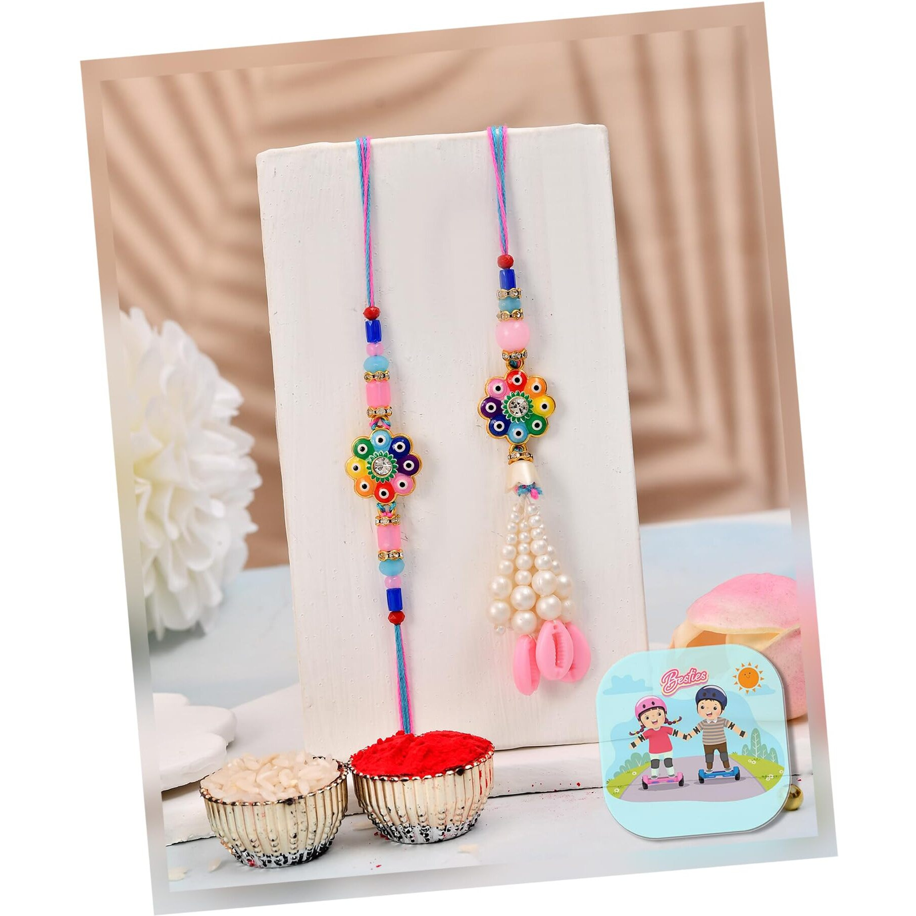 Craftvatika Designer Set Of 2 Rakhi For Brother And Bhabhi | Modern Floral Stone Stud Bhai Bhabhi Couple Pair Rakhi Set Of 2 | Rakhis For Brother Sister ,Rakhis For Rakshabandhan With Fridge Magnet Gift,Rakshabandhan Greeting Card, Tilak Set,Home Decor