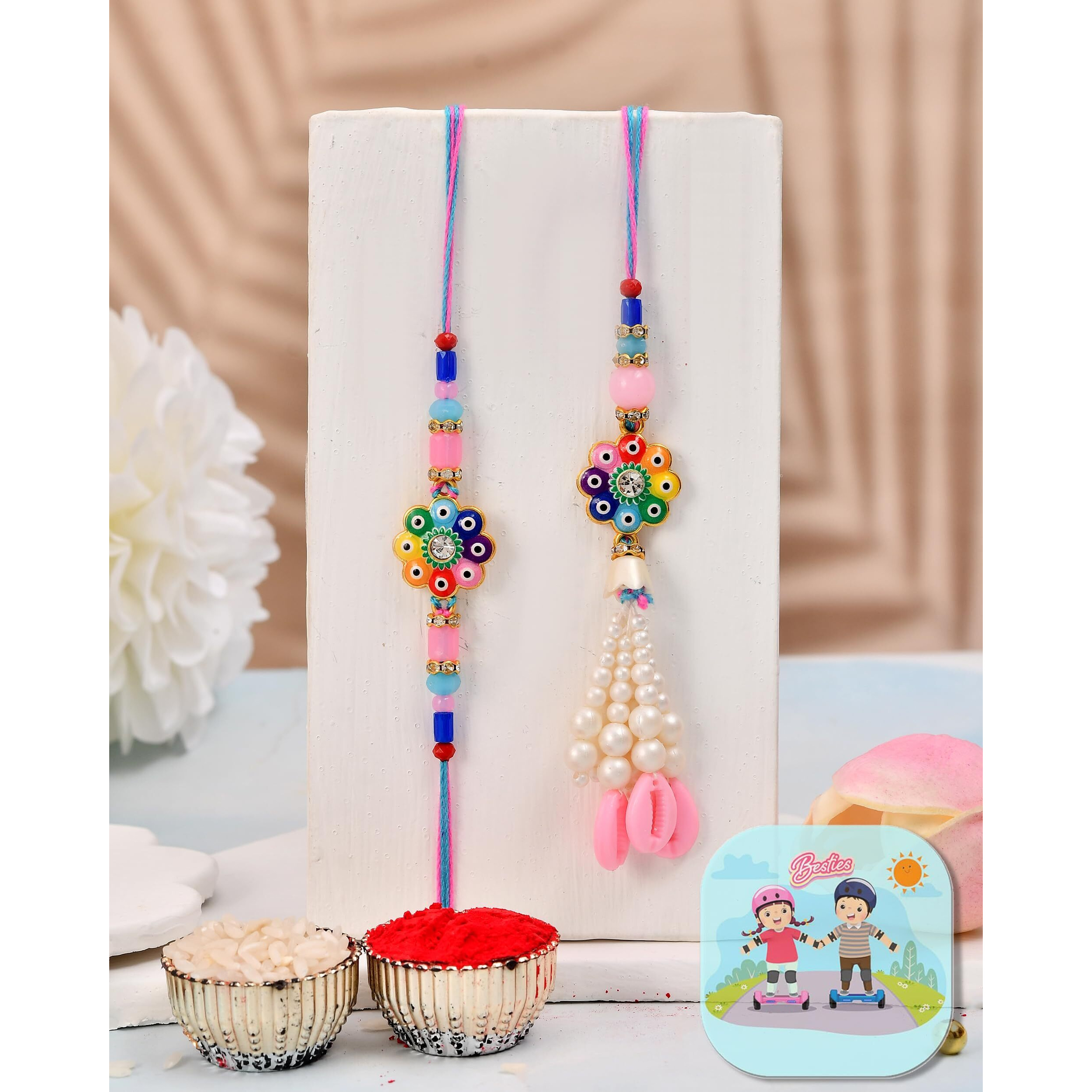 Craftvatika Designer Set Of 2 Rakhi For Brother And Bhabhi | Modern Floral Stone Stud Bhai Bhabhi Couple Pair Rakhi Set Of 2 | Rakhis For Brother Sister ,Rakhis For Rakshabandhan With Fridge Magnet Gift,Rakshabandhan Greeting Card, Tilak Set,Home Decor