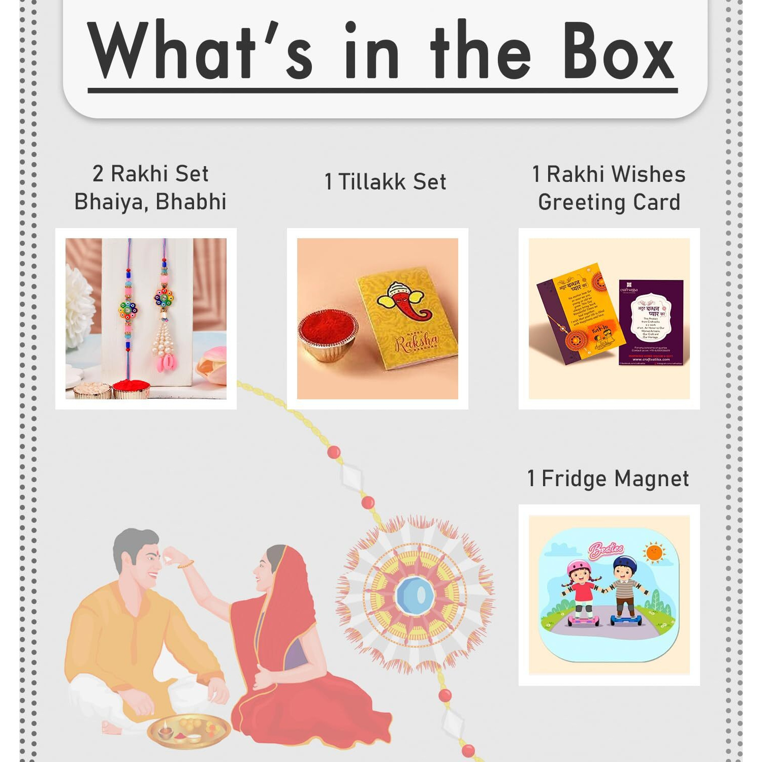 Craftvatika Designer Set Of 2 Rakhi For Brother And Bhabhi | Modern Floral Stone Stud Bhai Bhabhi Couple Pair Rakhi Set Of 2 | Rakhis For Brother Sister ,Rakhis For Rakshabandhan With Fridge Magnet Gift,Rakshabandhan Greeting Card, Tilak Set,Home Decor