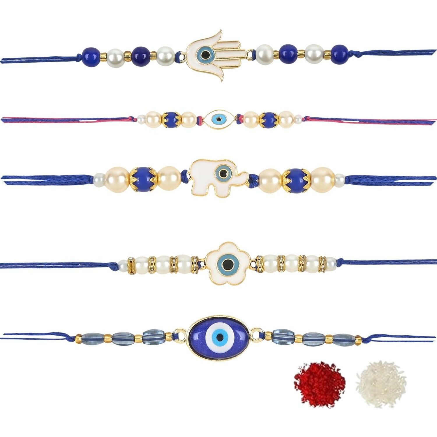 I Jewels Enamel Evil Eye Combo Rakhi Set With Roli Chawal & Rakshabandha Card For Brother/Bhai/Bro/Men/Kids/Boys (Re-Co) (Set Of 5)