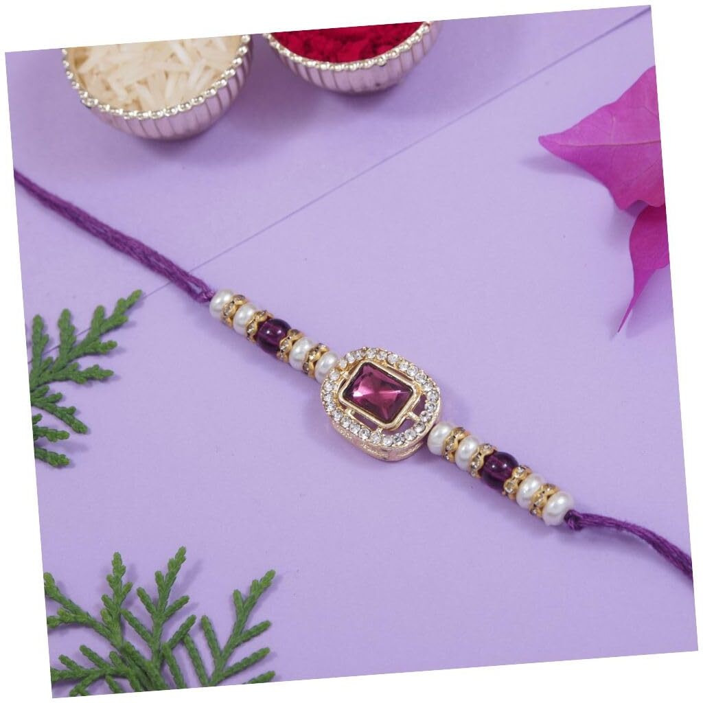I Jewels Designer Kundan Pearl Bhaiya Rakhi With Roli Chawal & Rakshabandhan Card For Brother/Bro/Bhai/Men (R168) (Wine)