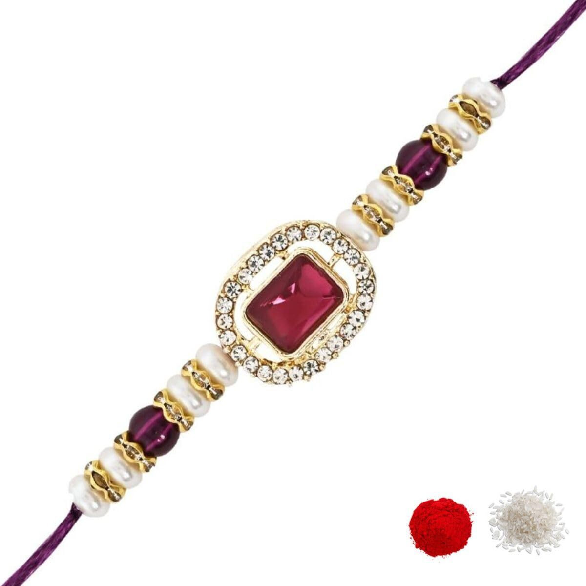 I Jewels Designer Kundan Pearl Bhaiya Rakhi With Roli Chawal & Rakshabandhan Card For Brother/Bro/Bhai/Men (R168) (Wine)