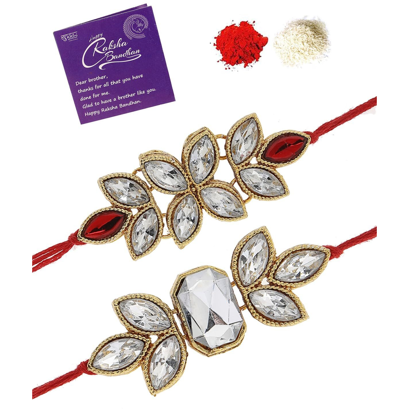 Sukkhi Rakhi Attractive Kundan Designer Red White Gold Plated Premium Rakhi For Brother With Roli Chawal & Greeting Card|Rakhi For Brother/Bhaiya/Bhai/Men|Rakhi Combo-Set Of 2|Cbrak106946