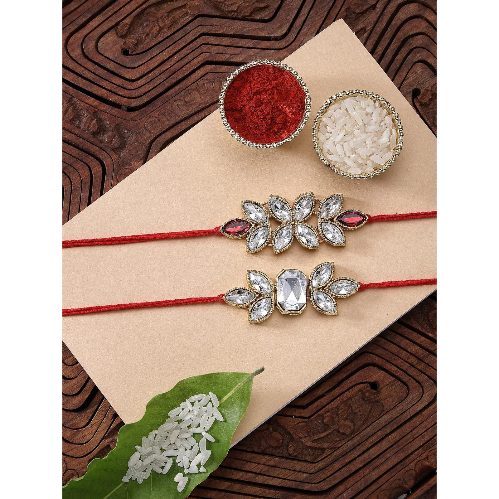 Sukkhi Rakhi Attractive Kundan Designer Red White Gold Plated Premium Rakhi For Brother With Roli Chawal & Greeting Card|Rakhi For Brother/Bhaiya/Bhai/Men|Rakhi Combo-Set Of 2|Cbrak106946
