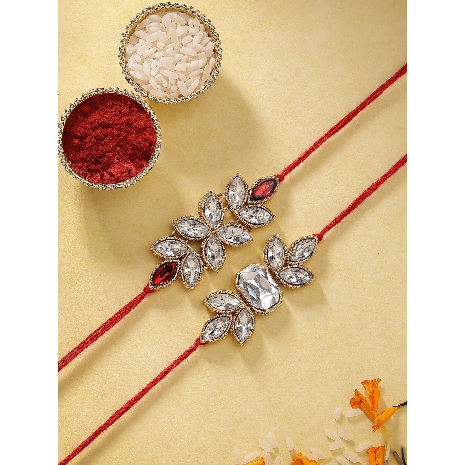 Sukkhi Rakhi Attractive Kundan Designer Red White Gold Plated Premium Rakhi For Brother With Roli Chawal & Greeting Card|Rakhi For Brother/Bhaiya/Bhai/Men|Rakhi Combo-Set Of 2|Cbrak106946