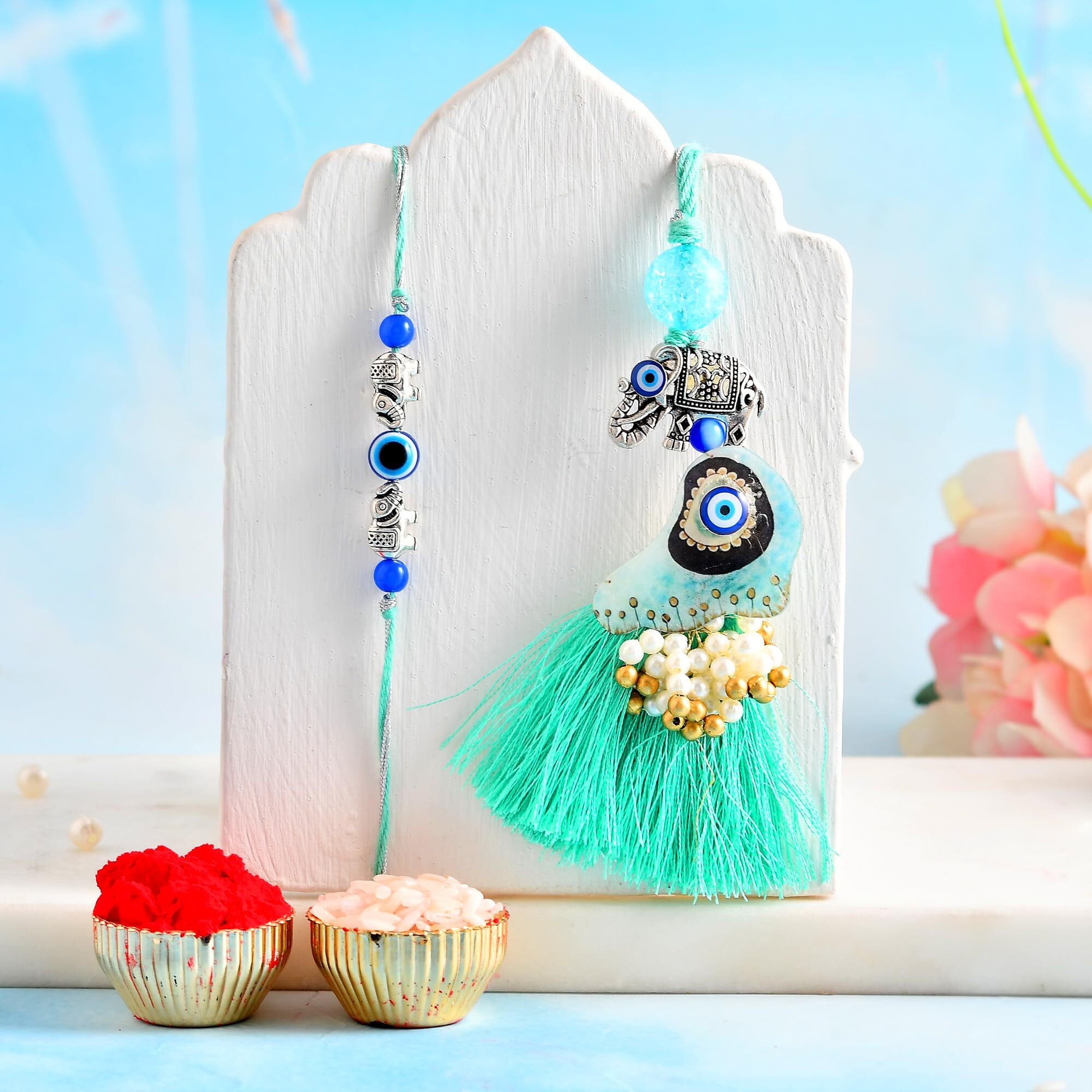 Craftvatika Evil Eye Rakhi Set For Brother And Bhabhi, Bhaiya Bhabhi Rakhi Set Of 2, Designer Couple Pair For Bhai, Premium Rakshabandhan Rakshasutra Rakhis For Women Men Brother,Best Wishes Card, Tilak Set