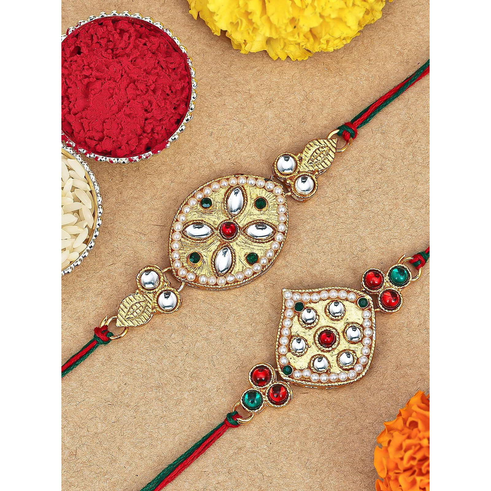 Sukkhi Rakhi Stylish Kundan Rakhi Combo & Designer Gold Plated Premium Rakhi For Brother, Roli Chawal & Greeting Card|Rakhi For Bhaiya|Rakhi For Men|Kundan Rakhi|Rakhi Combo-Set Of 2 |Cbrak105024