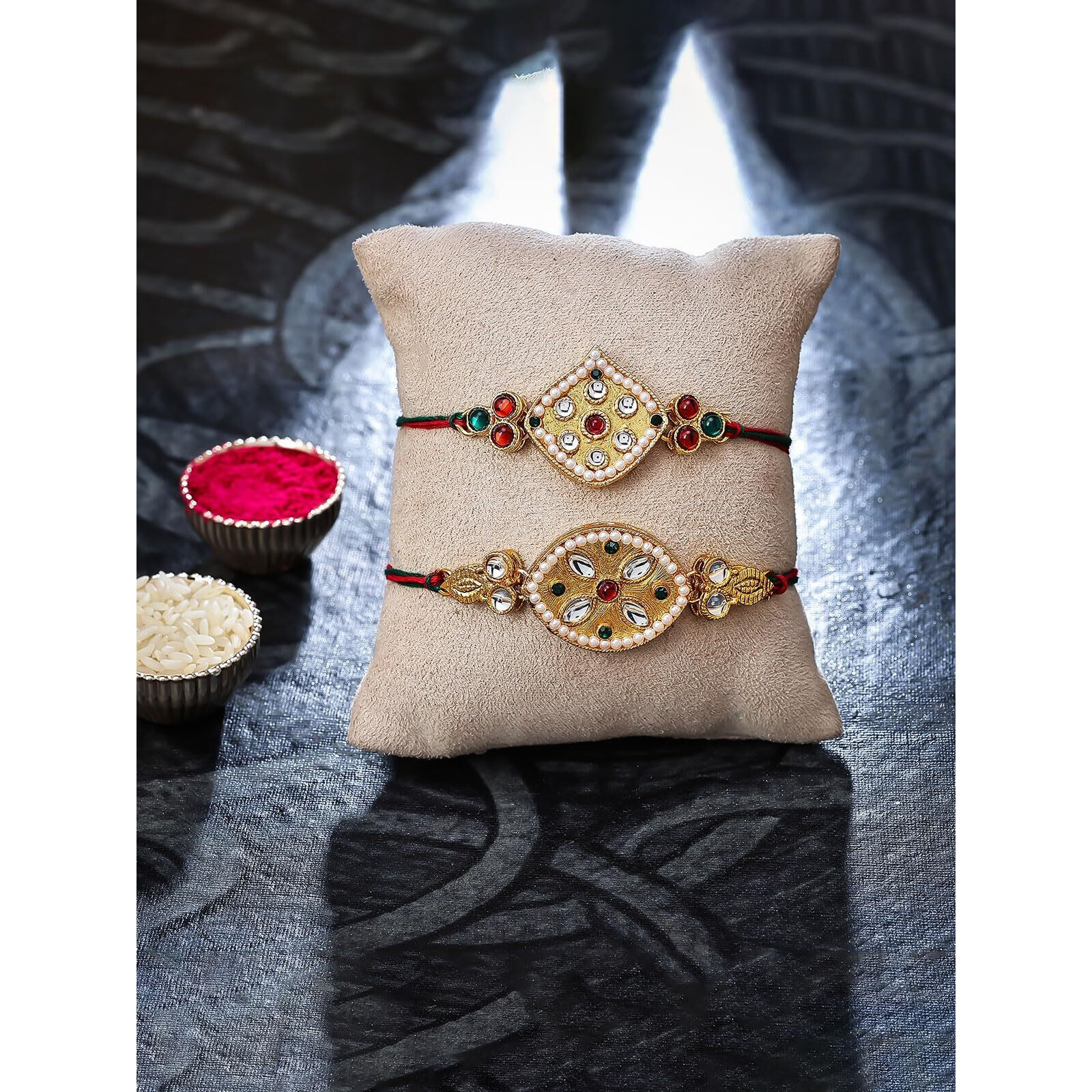Sukkhi Rakhi Stylish Kundan Rakhi Combo & Designer Gold Plated Premium Rakhi For Brother, Roli Chawal & Greeting Card|Rakhi For Bhaiya|Rakhi For Men|Kundan Rakhi|Rakhi Combo-Set Of 2 |Cbrak105024