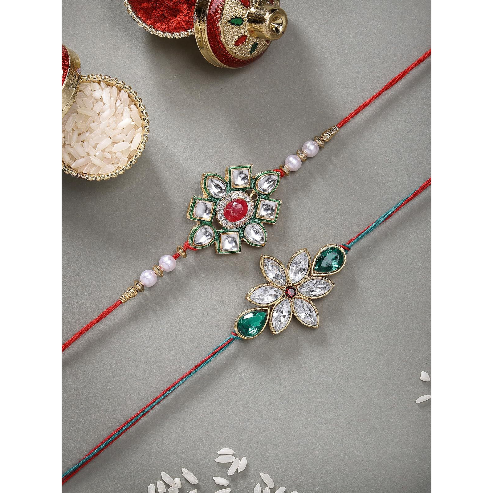 Sukkhi Rakhi Classical Kundan & Pearl Designer Green Meenakari Gold Plated Premium Rakhi For Brother With Roli Chawal & Greeting Card|Rakhi For Brother/Bhaiya/Bhai/Men|Rakhi Combo-Set Of 2|Cbrak106948