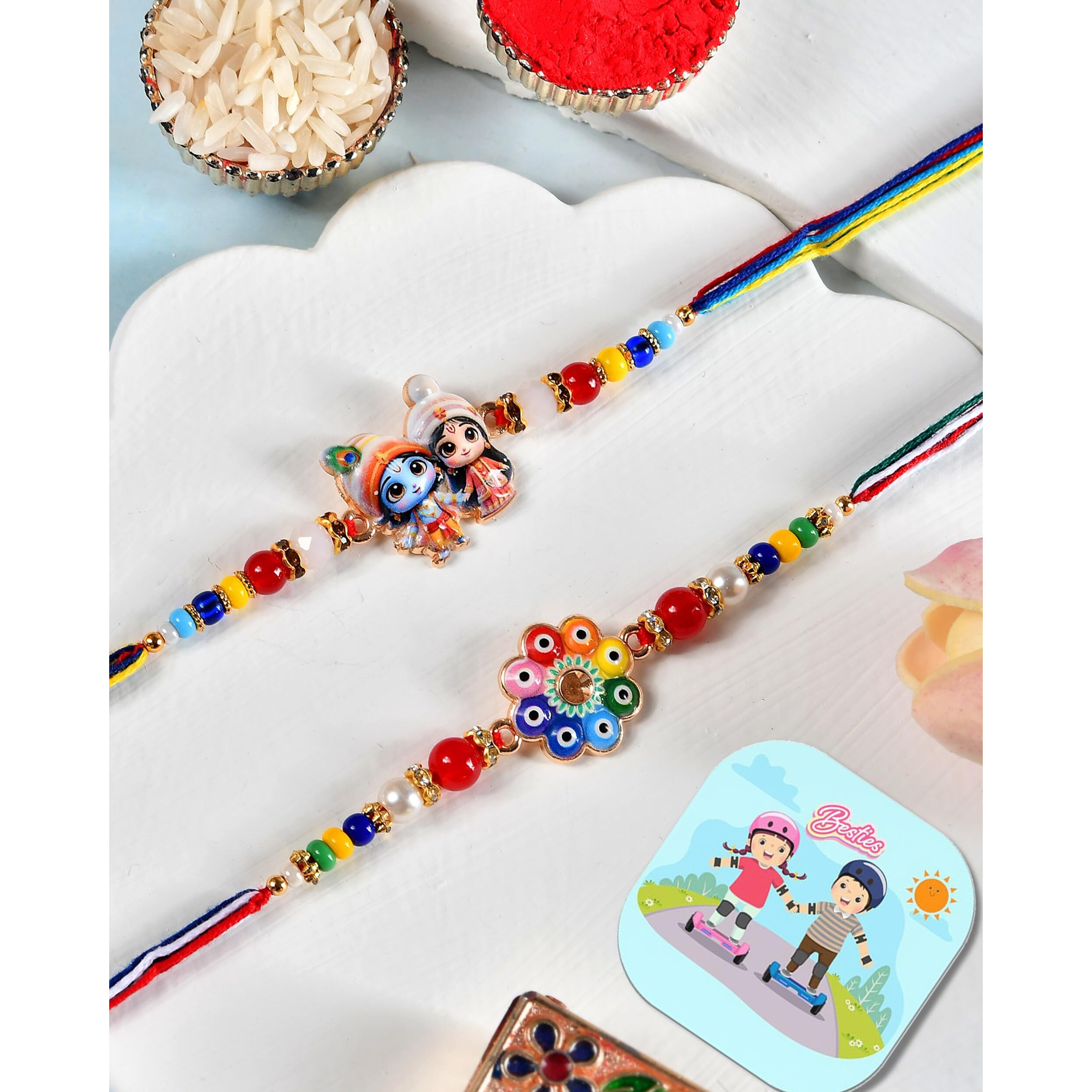 Craftvatika Rakhi Set For Brother,Designer Rakhi For Brother, Bhai, Sister, Floral And Radha Krishna Rakhis Set Of 2,Elegant Rakhi For Rakshabandhan With Fridge Magnet Gift,Greeting Card,Tilak Set
