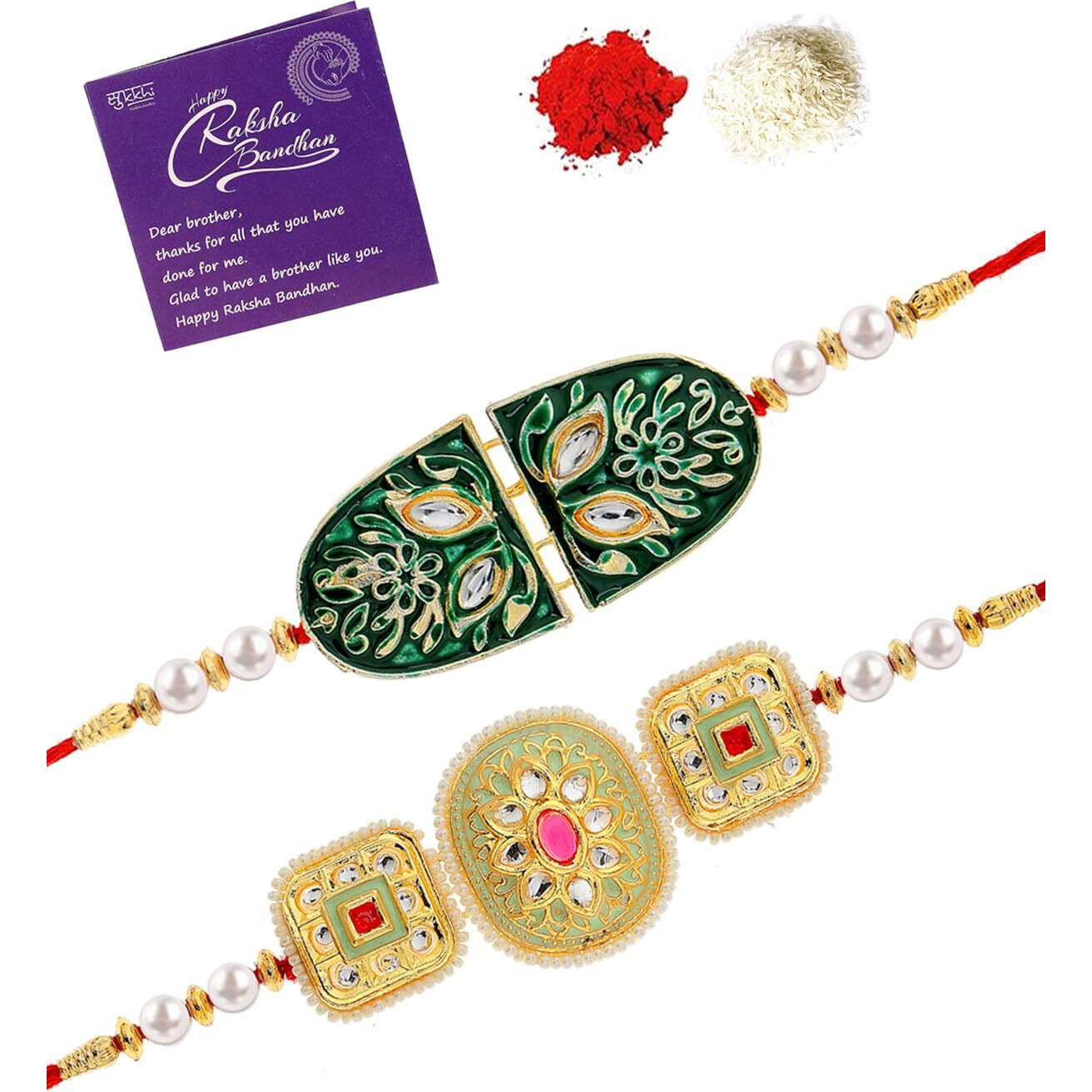 Sukkhi Rakhi Elegant Kundan & Pearls Designer Meenakari Gold Plated Premium Rakhi For Brother With Roli Chawal & Greeting Card|Rakhi For Brother/Bhaiya/Bhai/Men|Rakhi Combo-Set Of 2|Cbrak106961