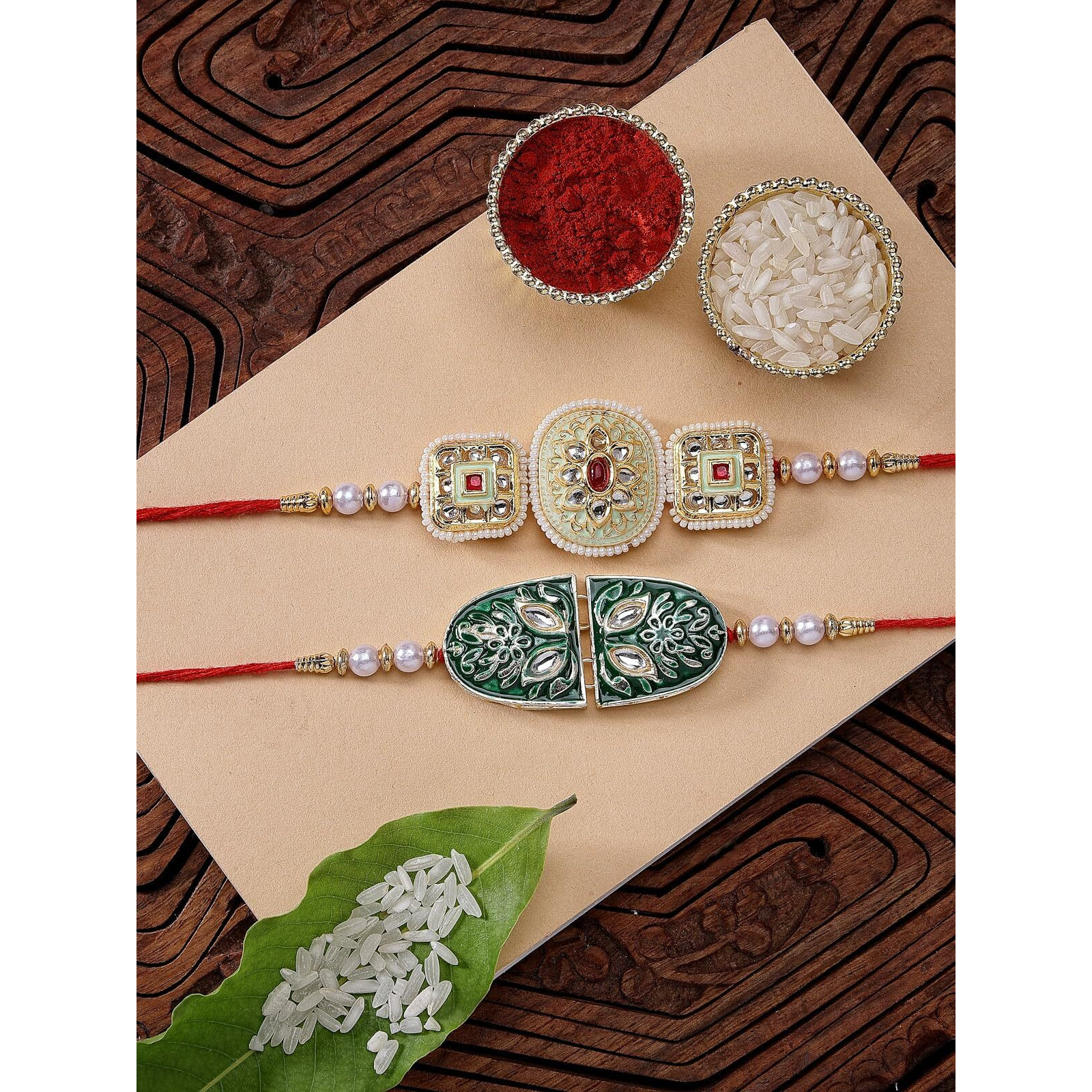 Sukkhi Rakhi Elegant Kundan & Pearls Designer Meenakari Gold Plated Premium Rakhi For Brother With Roli Chawal & Greeting Card|Rakhi For Brother/Bhaiya/Bhai/Men|Rakhi Combo-Set Of 2|Cbrak106961
