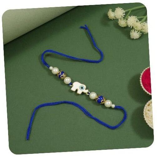 I Jewels White Enamel Evil Eye Elephant Design Rakhi With Roli Chawal & Rakshabandhan Card For Bhaiya/Brother/Bro/Men (R127)