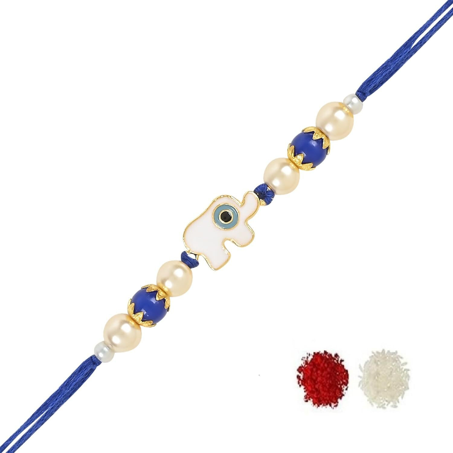 I Jewels White Enamel Evil Eye Elephant Design Rakhi With Roli Chawal & Rakshabandhan Card For Bhaiya/Brother/Bro/Men (R127)