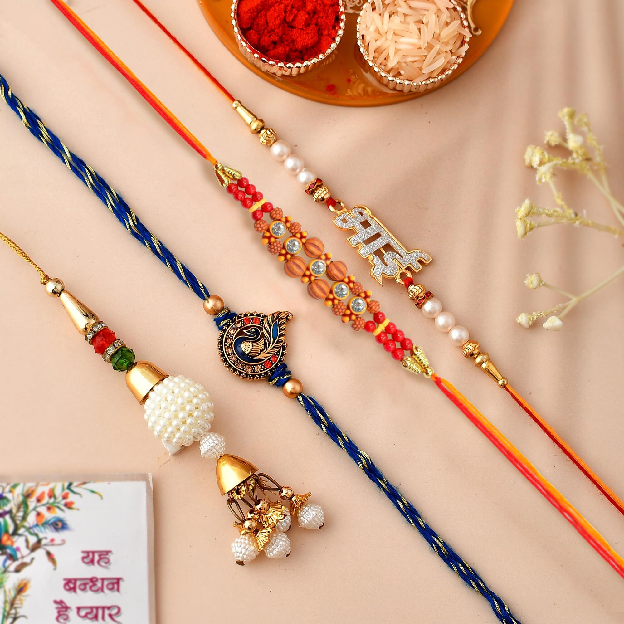Rakhis For Bhai Bhabhi Brother With Gift Combo - Peacock Design Rakhi For Brother Kids - Rakhi For Brother And Bhabhi/Flower Stone Beaded For Bhabhi/Lumba/Rakshabandhan Gifts