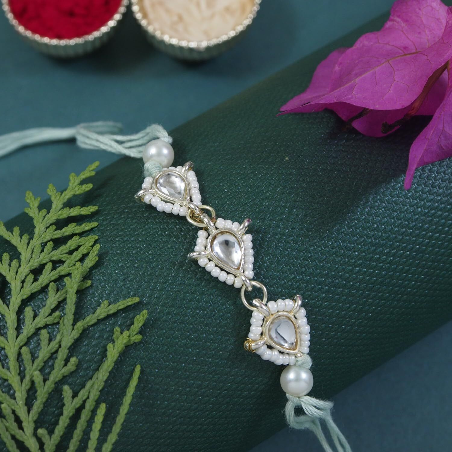 I Jewels White Kundan & Pearl Bhaiya Bhabhi Lumba Rakhi Bracelet Combo Set With Roli Chawal & Rakshabandhan Greeting Card For Unisex Adult(R147-Co) (Mint)