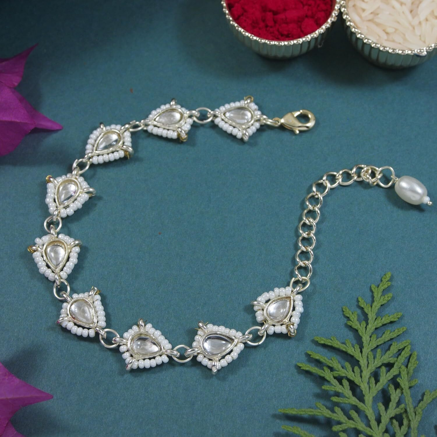 I Jewels White Kundan & Pearl Bhaiya Bhabhi Lumba Rakhi Bracelet Combo Set With Roli Chawal & Rakshabandhan Greeting Card For Unisex Adult(R147-Co) (Mint)