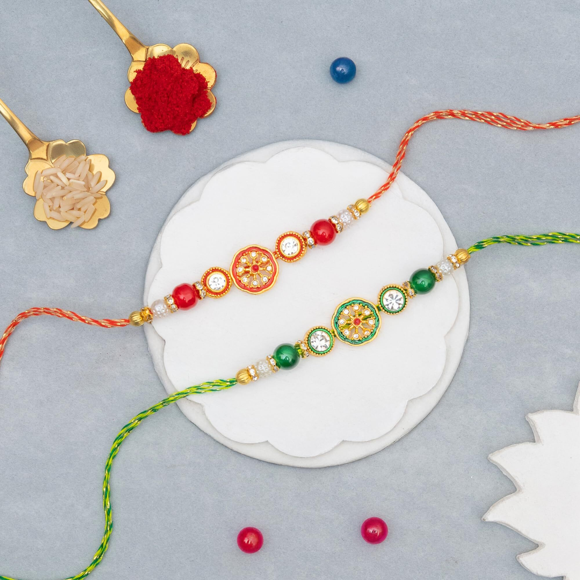 To The Nines Ethnic Rakhi For Brother With Tilak Material & Greeting Card - Set Of 2 Rakhi