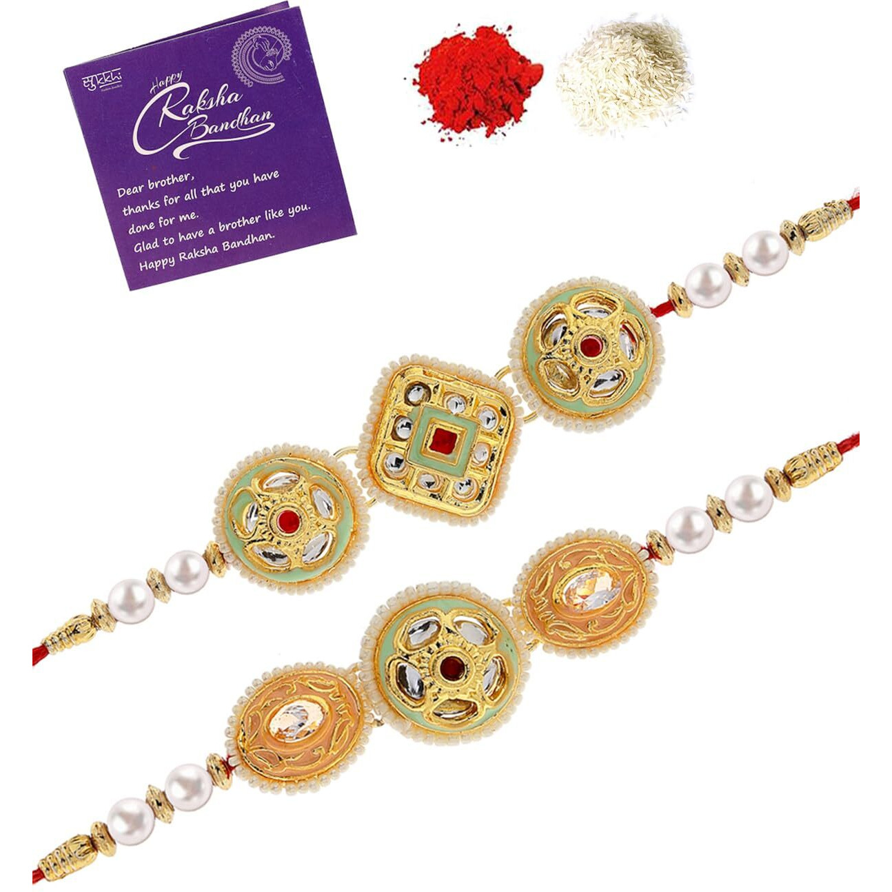 Sukkhi Rakhi Beautiful Kundan & Pearls Designer Meenakari Gold Plated Premium Rakhi For Brother With Roli Chawal & Greeting Card|Rakhi For Brother/Bhaiya/Bhai/Men|Rakhi Combo-Set Of 2|Cbrak106940