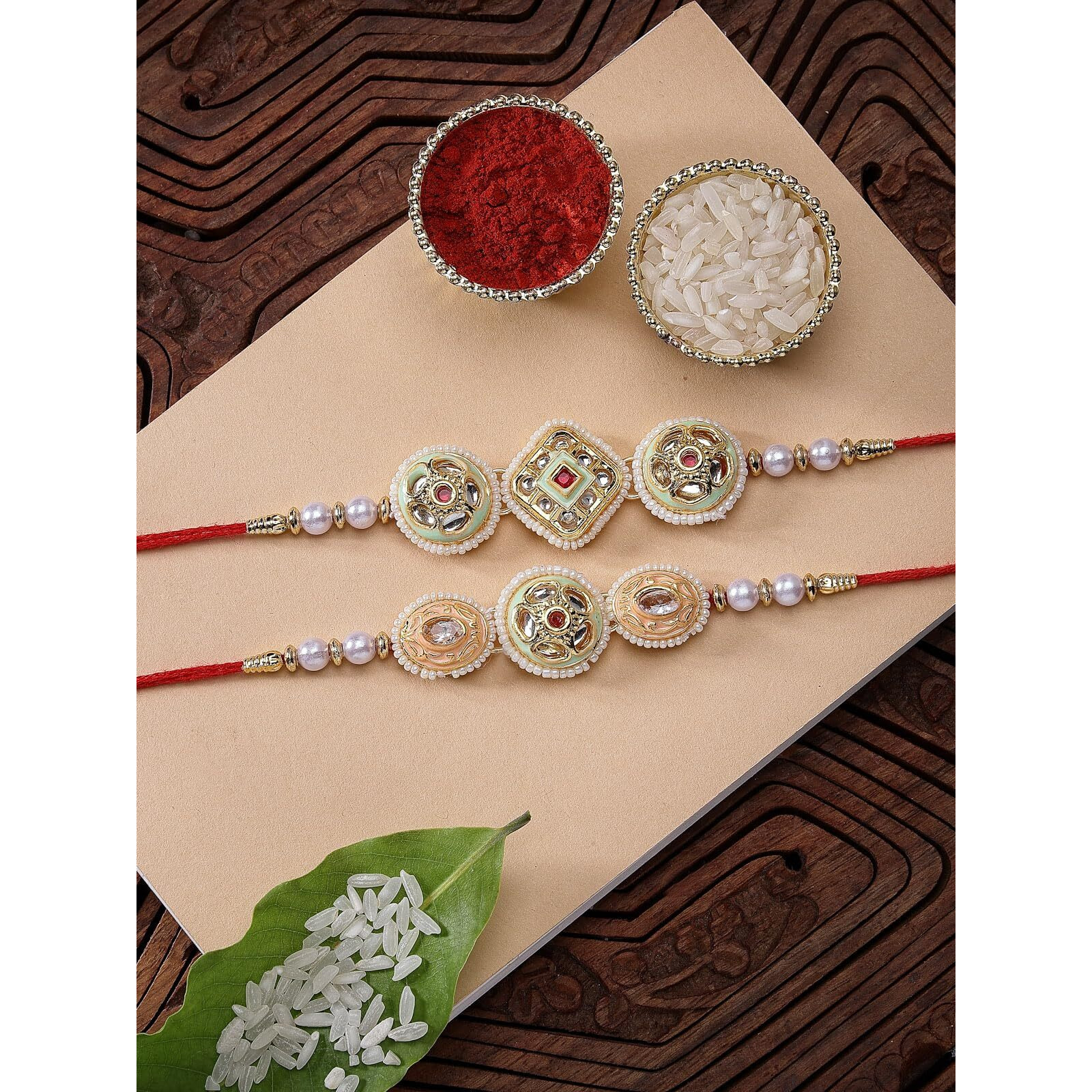 Sukkhi Rakhi Beautiful Kundan & Pearls Designer Meenakari Gold Plated Premium Rakhi For Brother With Roli Chawal & Greeting Card|Rakhi For Brother/Bhaiya/Bhai/Men|Rakhi Combo-Set Of 2|Cbrak106940