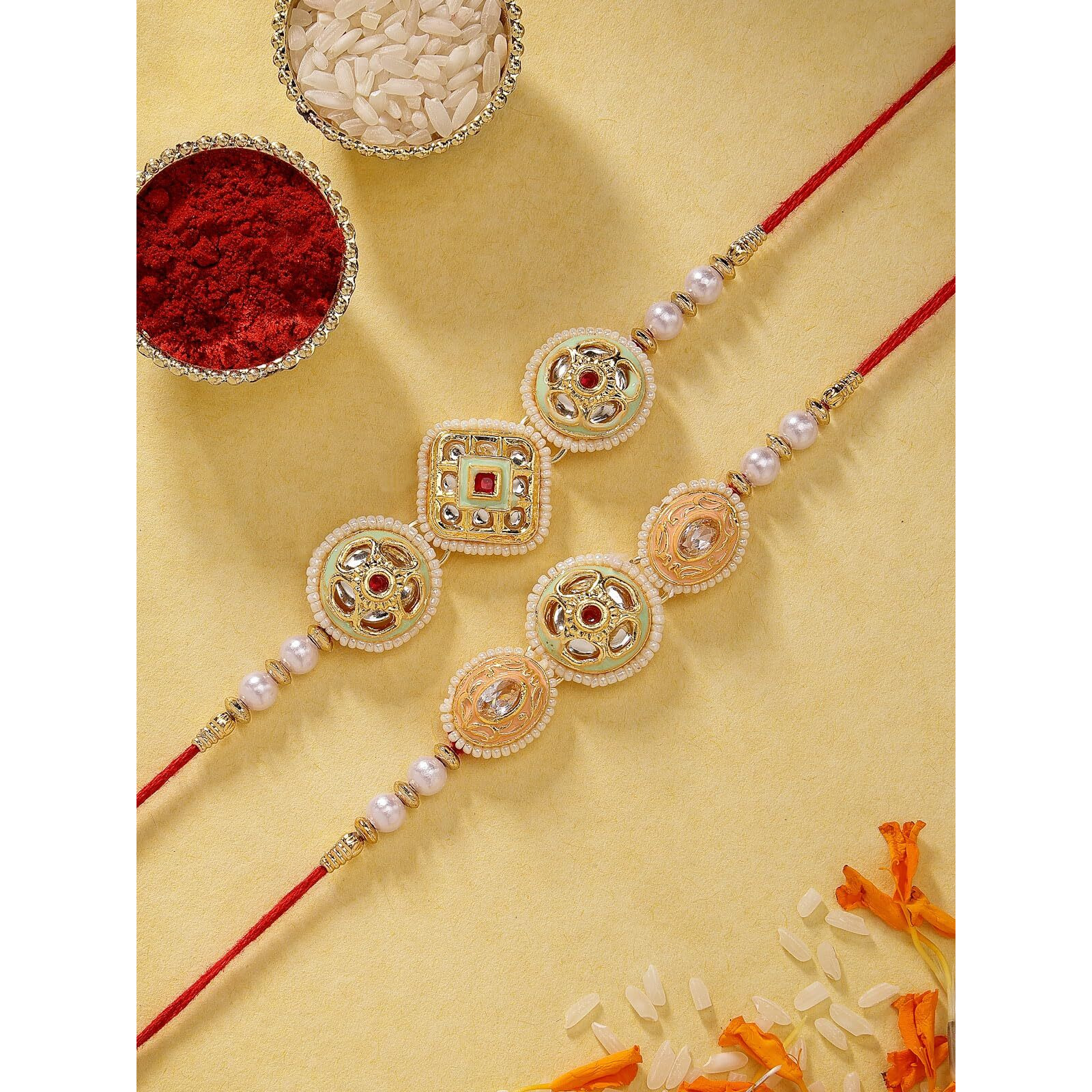 Sukkhi Rakhi Beautiful Kundan & Pearls Designer Meenakari Gold Plated Premium Rakhi For Brother With Roli Chawal & Greeting Card|Rakhi For Brother/Bhaiya/Bhai/Men|Rakhi Combo-Set Of 2|Cbrak106940