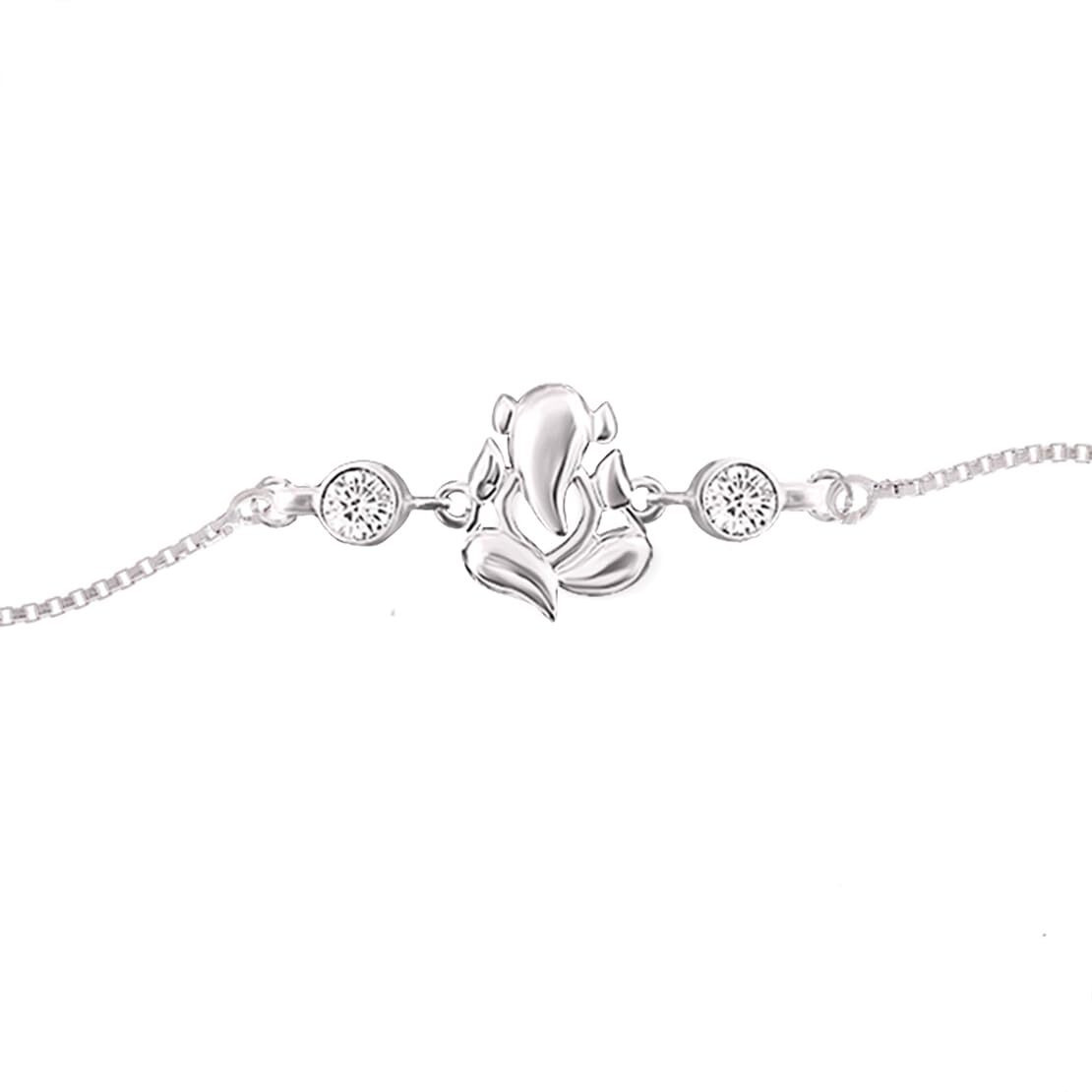 Parnika 925 Om Ganesha Rudraksha Infinity Bro Shiv Bhai Adjustable Silver Rakhi Bracelet For Brother In 92.5 Sterling Silver For Boys And Men | Chandi Ki Rakhi | Gift Box Roli Chawal (Ganeshji Cz)