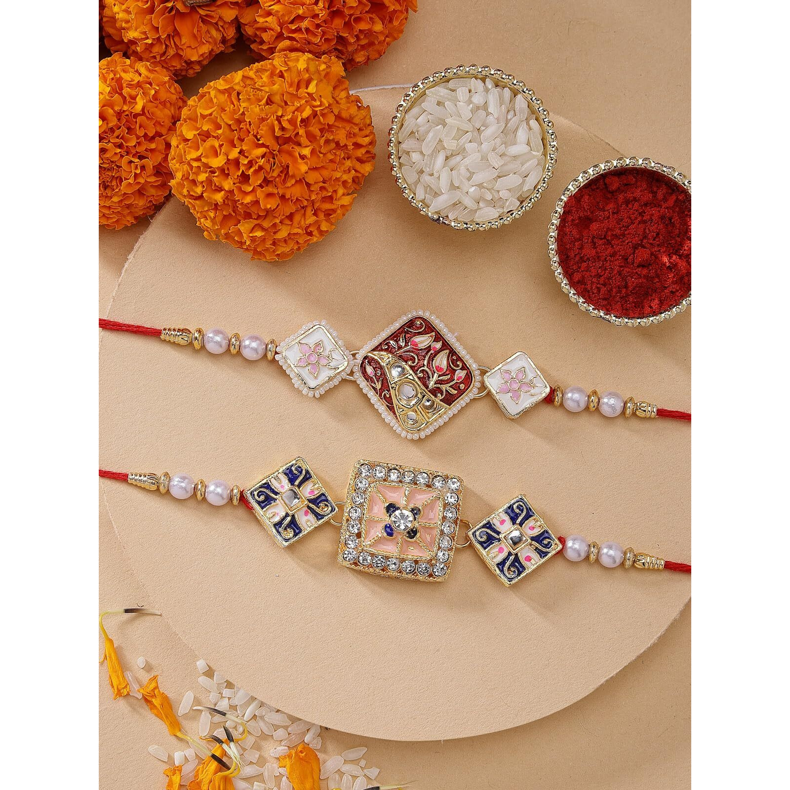 Sukkhi Rakhi Ethnic Kundan & Pearls Designer Meenakari Gold Plated Premium Rakhi For Brother With Roli Chawal & Greeting Card | Rakhi For Brother/Bhaiya/Bhai/Men|Rakhi Combo-Set Of 2|Cbrak106943