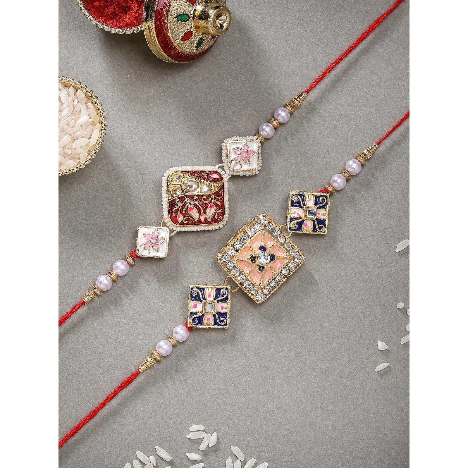 Sukkhi Rakhi Ethnic Kundan & Pearls Designer Meenakari Gold Plated Premium Rakhi For Brother With Roli Chawal & Greeting Card | Rakhi For Brother/Bhaiya/Bhai/Men|Rakhi Combo-Set Of 2|Cbrak106943