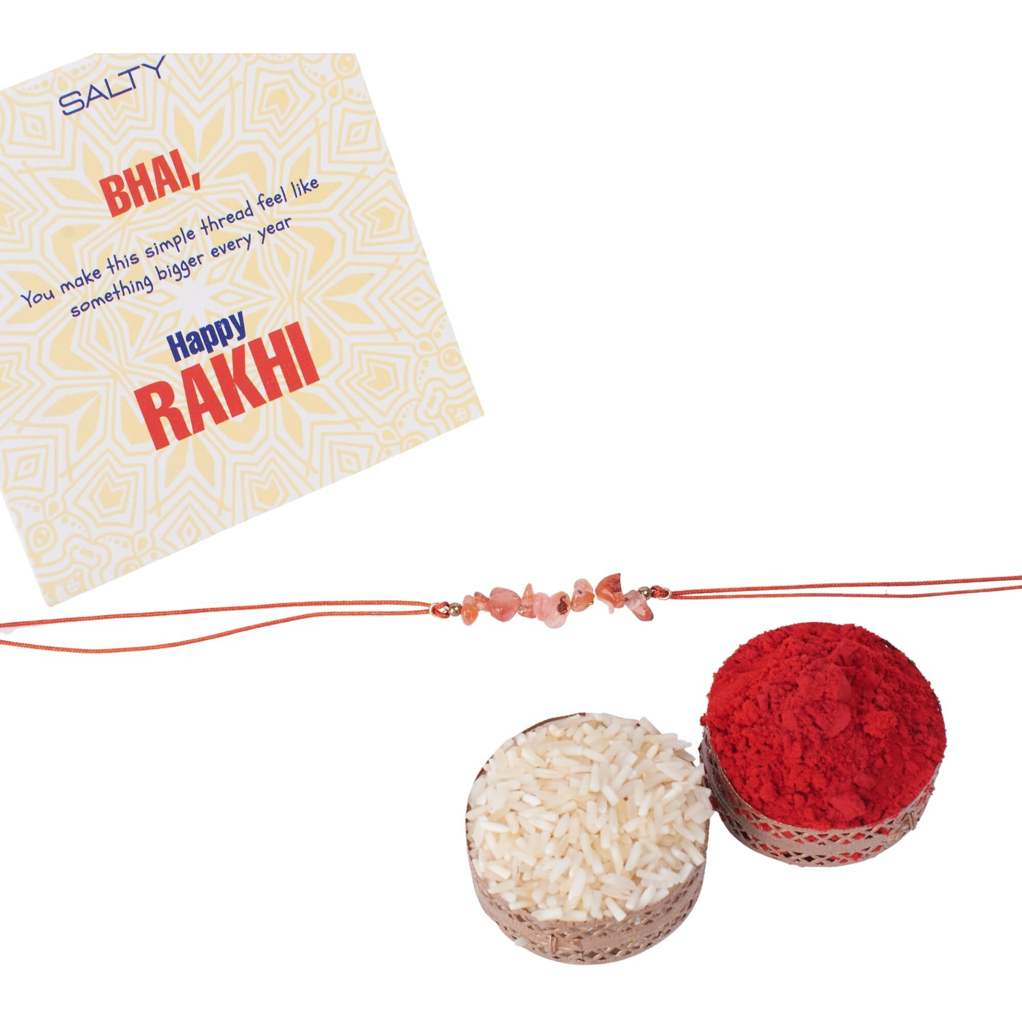 Salty Set Of 1 Amethyst Healing Stone Thread Rakhi For Brother Orange | Rakhi Gift Pack For Sister, Bhaiya And Bhabhi | Bracelet For Men, Women | Fancy Jewellery Combo Gifts | Ideal For Gifting Hamper