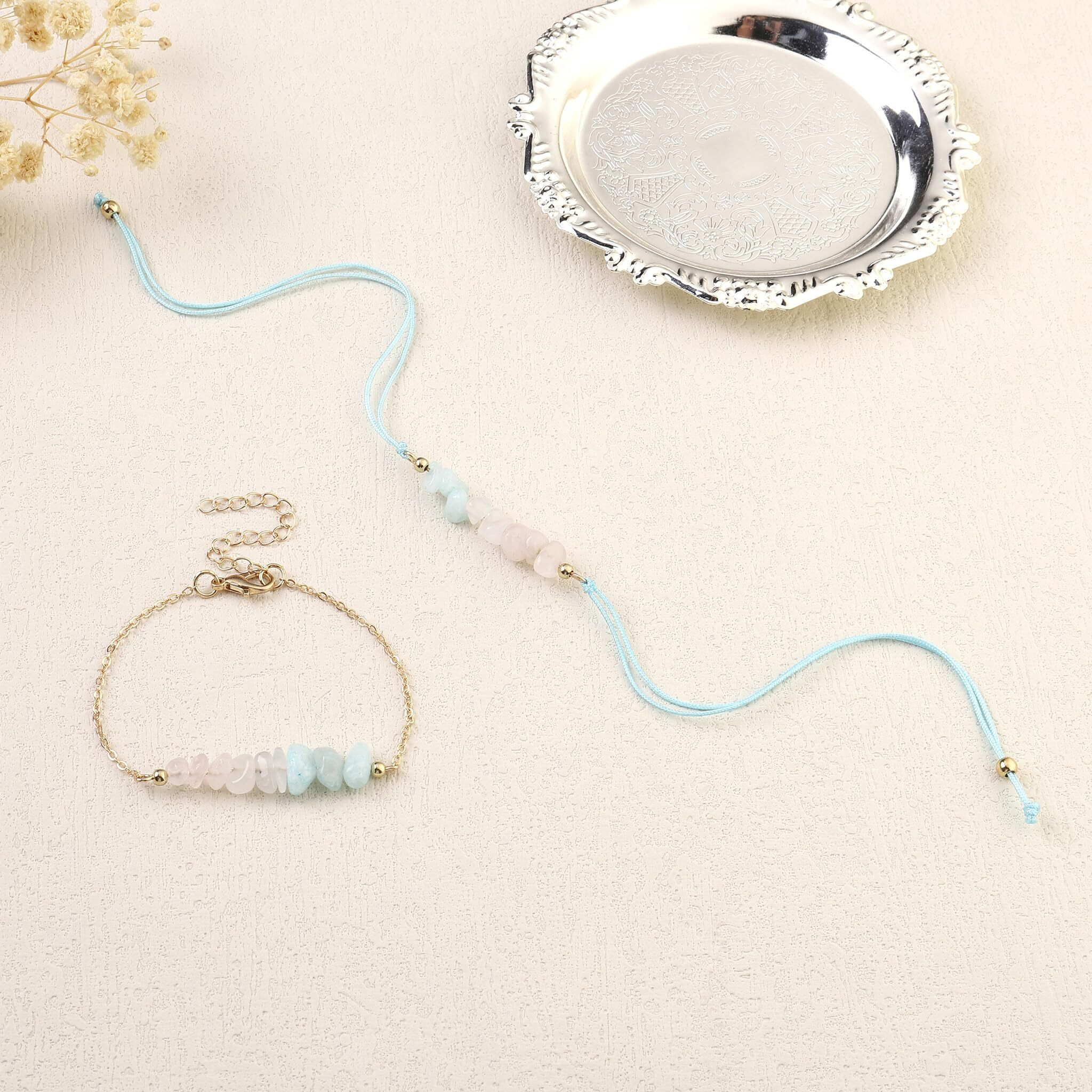 Salty Aquamarine Crystal Rakhi Set For Bhaiya & Bhabhi | Designer Bracelet & Thread Rakhi | Stylish Moli Dora | Raksha Bandhan Gift Of Love & Protection