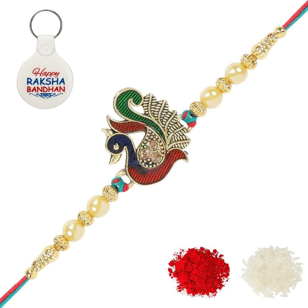 Riddhika Ventures Resplendent Gold Plated Meenakari Peacock And Pearl Rakhi Rakhi With Roli Chawal, Greeting Card And And One Motivational Keychain (P7K)