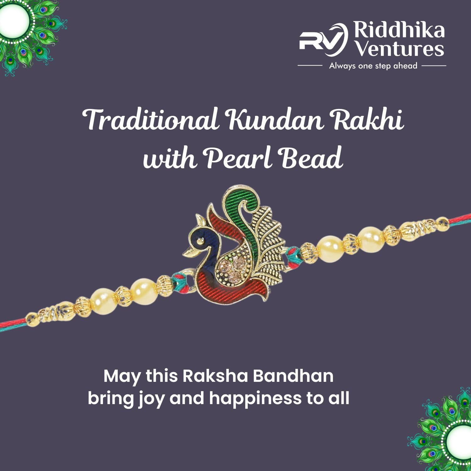 Riddhika Ventures Resplendent Gold Plated Meenakari Peacock And Pearl Rakhi Rakhi With Roli Chawal, Greeting Card And And One Motivational Keychain (P7K)