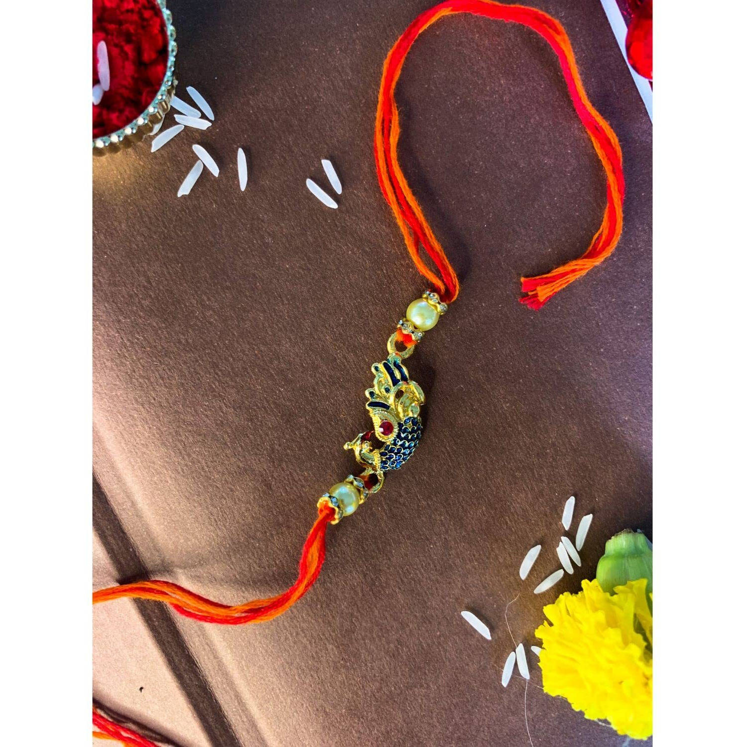 I Jewels Men & Boy's Gold Plated Designer Cz Pearl Peacock Rakhibracelet (R702, Multicolour)