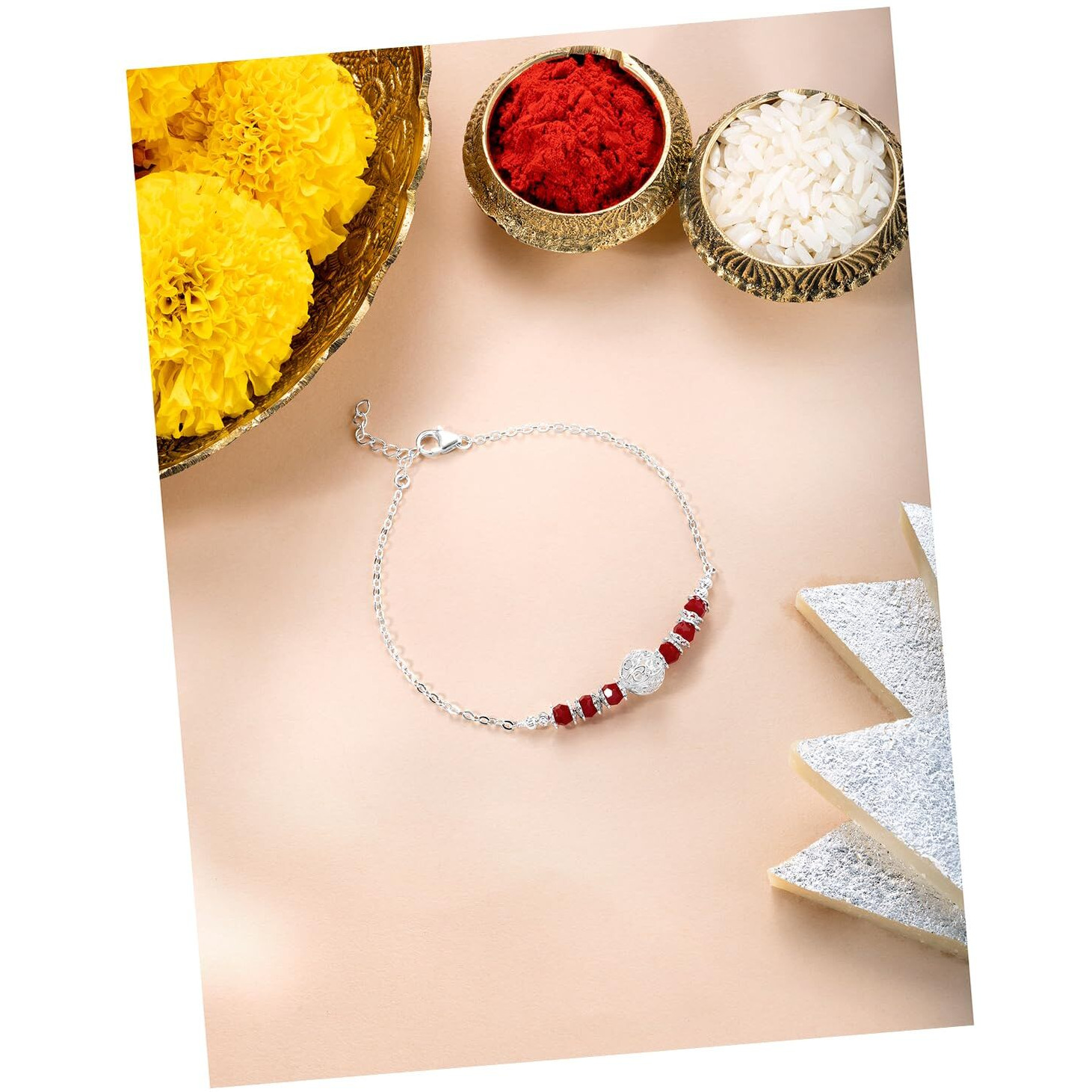 Peora 925 Sterling Silver Red Beads Studded Rakhi Bracelet For Brother Bhaiya Raksha Bandhan Hamper With Roli Chawal Greeting Card