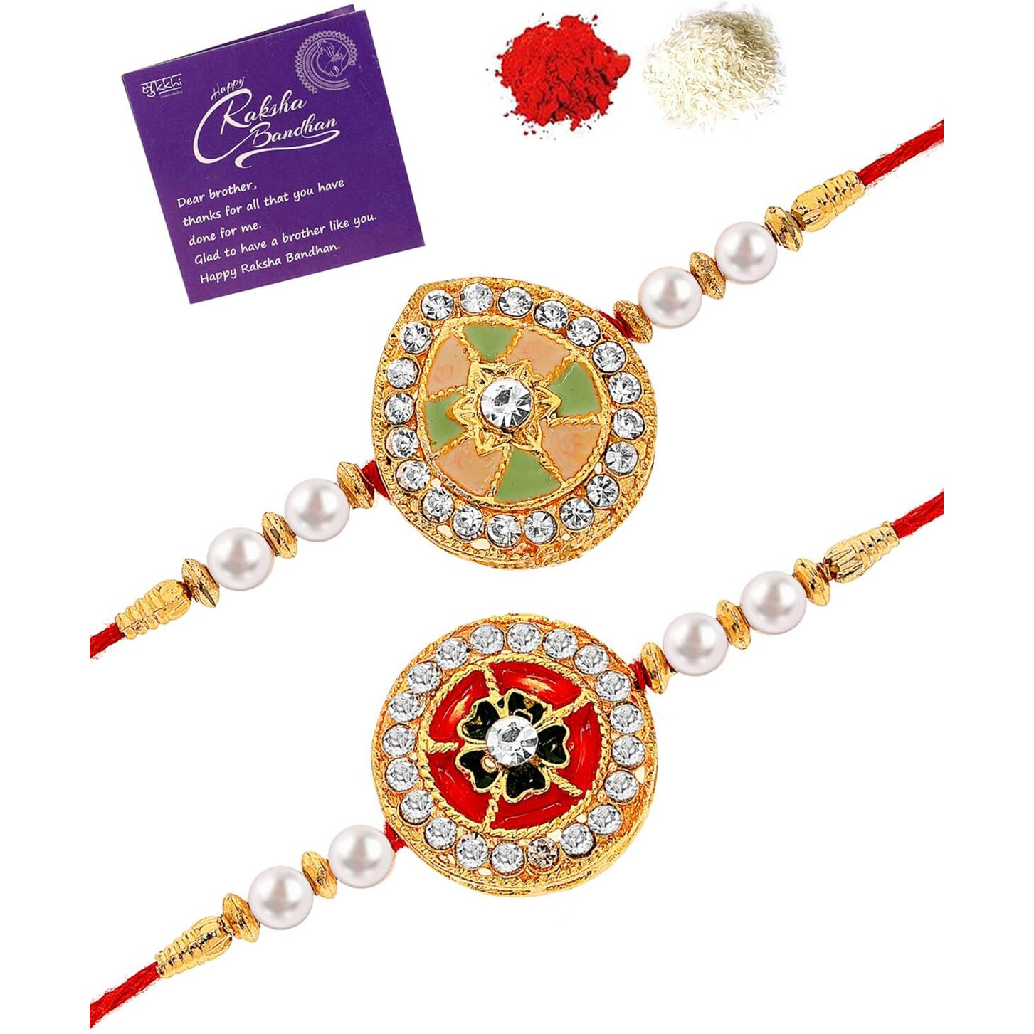 Sukkhi Rakhi Collection Kundan & Pearls Designer Meenakari Gold Plated Premium Rakhi For Brother With Roli Chawal & Greeting Card | Rakhi For Brother/Bhaiya/Bhai/Men|Rakhi Combo-Set Of 2|Cbrak106941