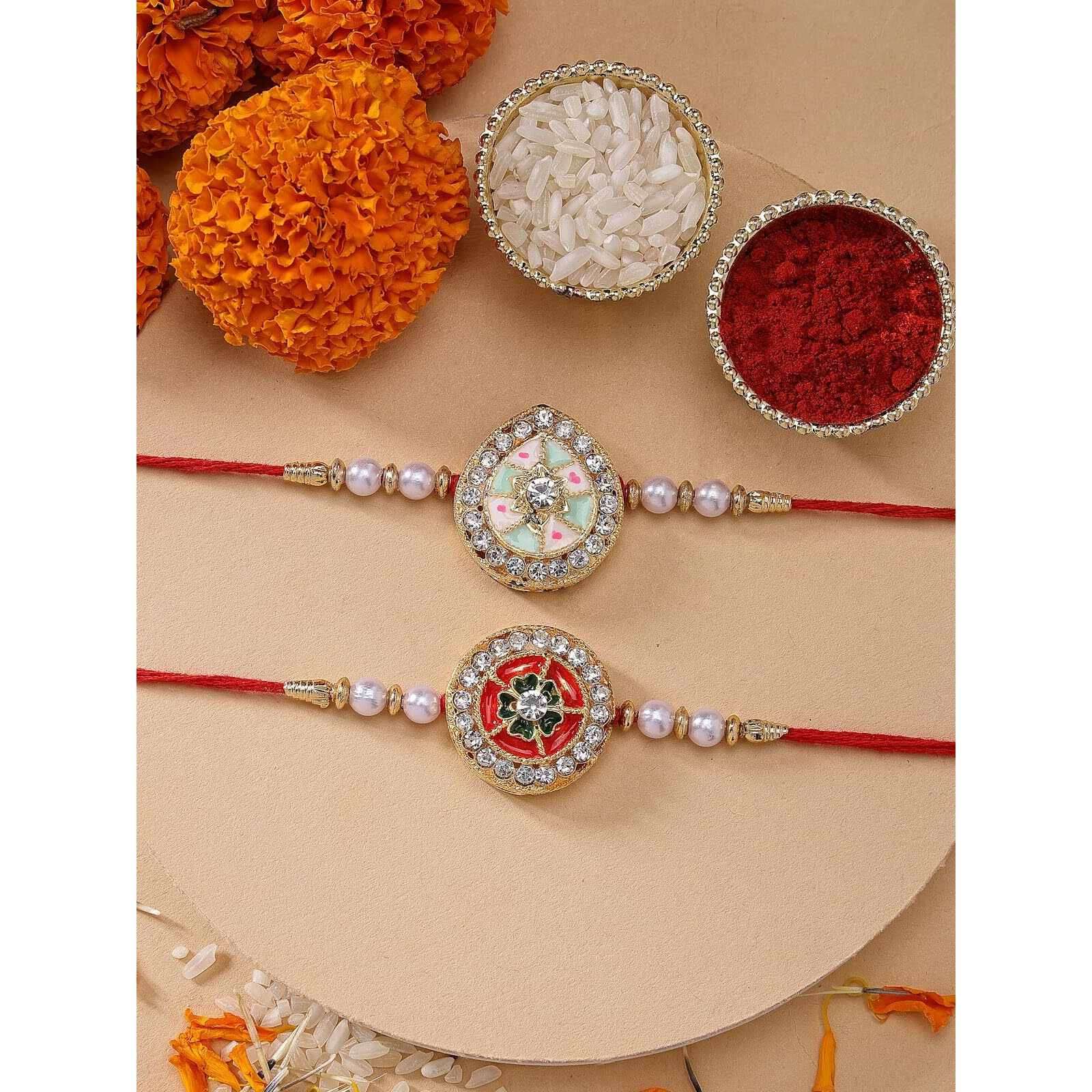 Sukkhi Rakhi Collection Kundan & Pearls Designer Meenakari Gold Plated Premium Rakhi For Brother With Roli Chawal & Greeting Card | Rakhi For Brother/Bhaiya/Bhai/Men|Rakhi Combo-Set Of 2|Cbrak106941