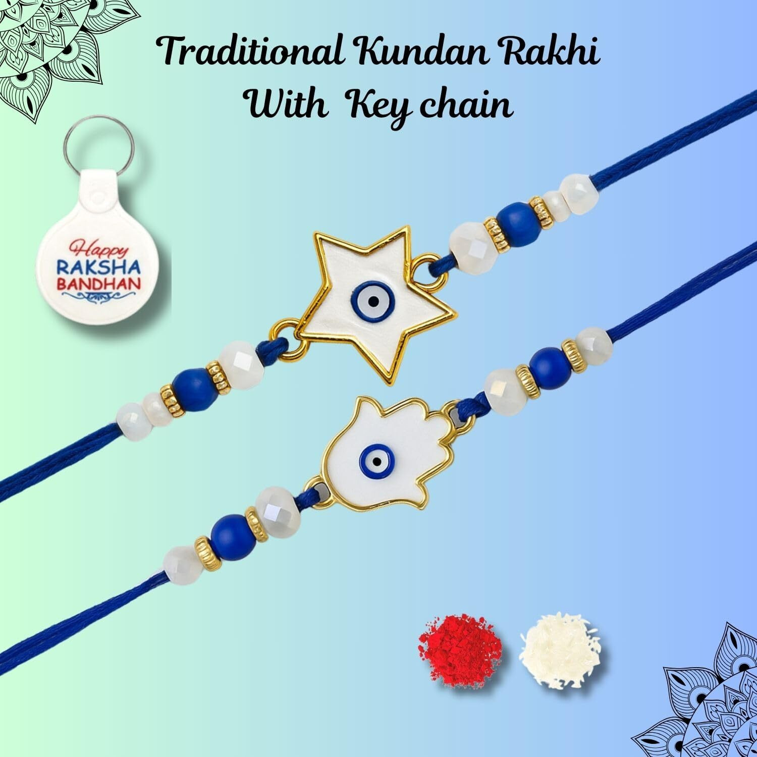 Riddhika Ventures Blue Evil Eye Rakhi Protect From Negative Energy (Set Of 2) With Roli Chawal, Greeting Card And And One Motivational Keychain (R1S1K)