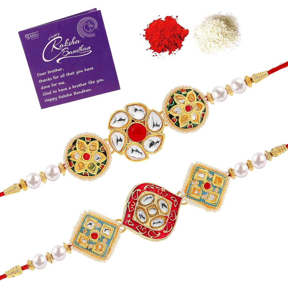 Sukkhi Rakhi Pretty Kundan & Pearls Designer Meenakari Gold Plated Premium Rakhi For Brother With Roli Chawal & Greeting Card|Rakhi For Brother/Bhaiya/Bhai/Men|Rakhi Combo-Set Of 2|Cbrak106959
